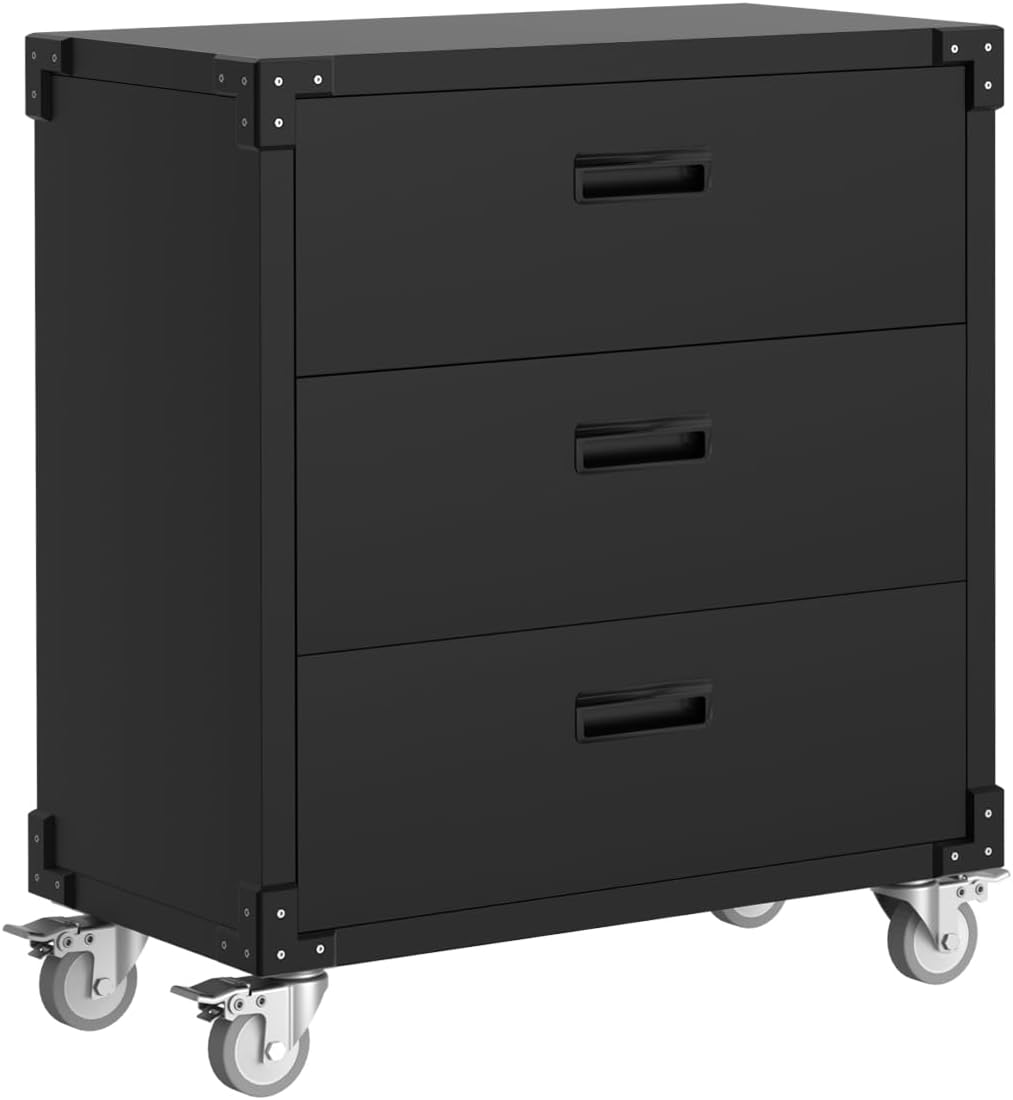 Garvee 3 Drawers Metal Tool Cabinet with Wheels Black Garage Storage Cabinets Easy Assembly Rolling Tool Chest for Home Warehouse Workshop Basement - 35.4in H x 31.5in W x 16.5in D