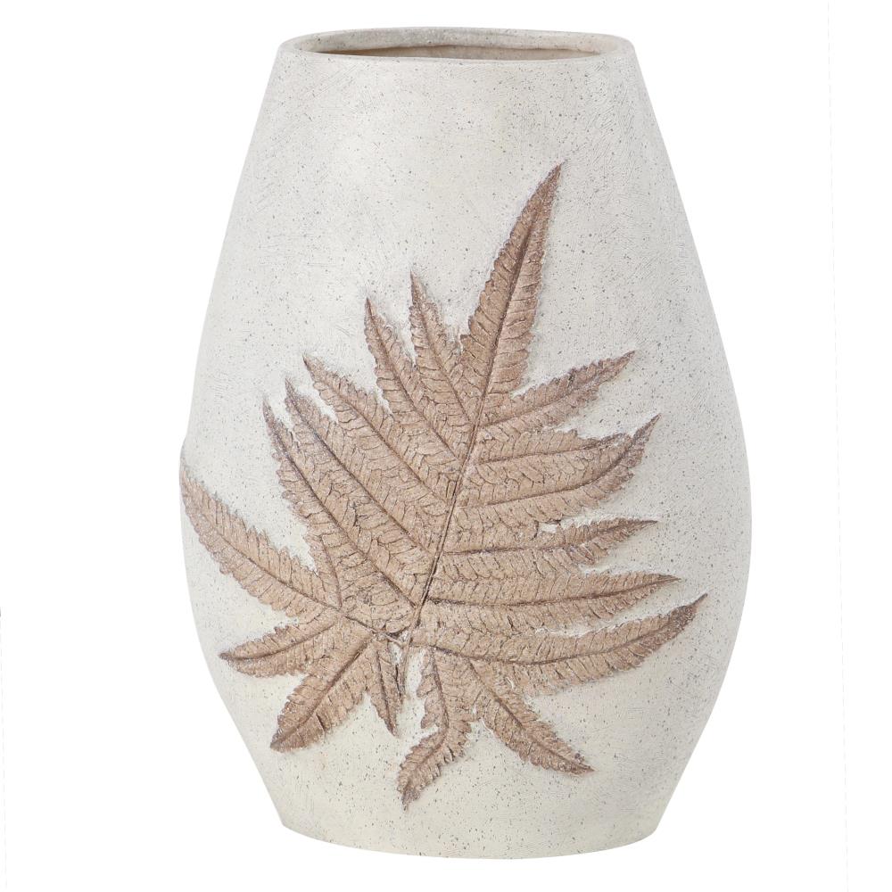 Grayson Lane 55339 Flat Round White Floor Vase with 3D Leaf Fossil Design 10 x 14