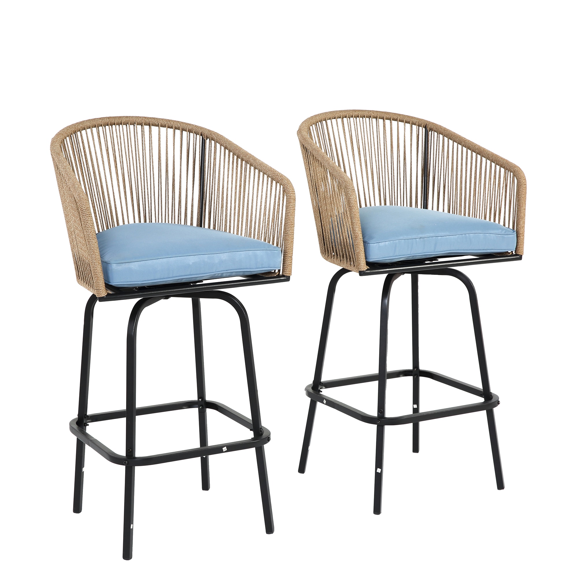 Bybafun YB0600084 Set of 2 Woven Black Steel Frame Swivel Bar Stool Chair with Blue Cushioned Seat