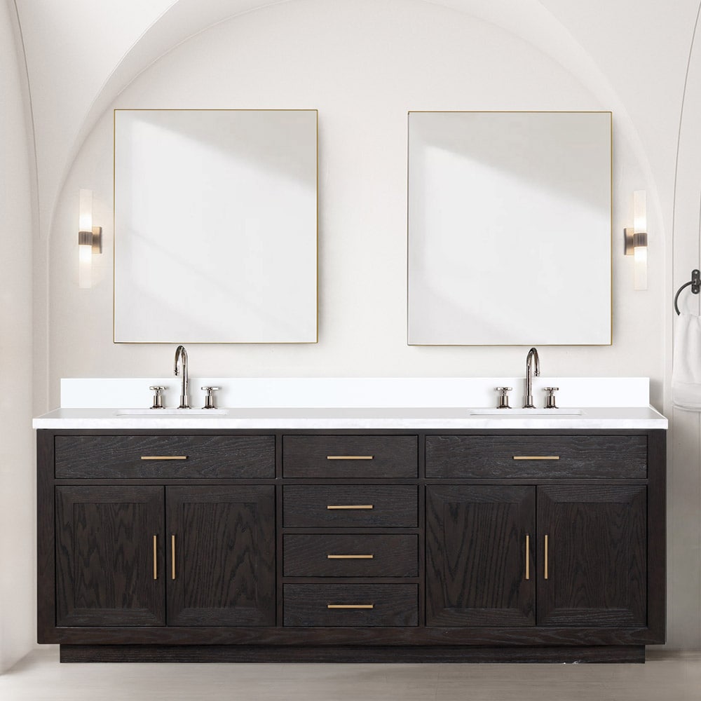 Lexora LVGI60DJ311 Gilroy 60-in Black Oak Undermount Double Sink Bathroom Vanity with White Cultured Marble Top (Mirror and Faucet Included)