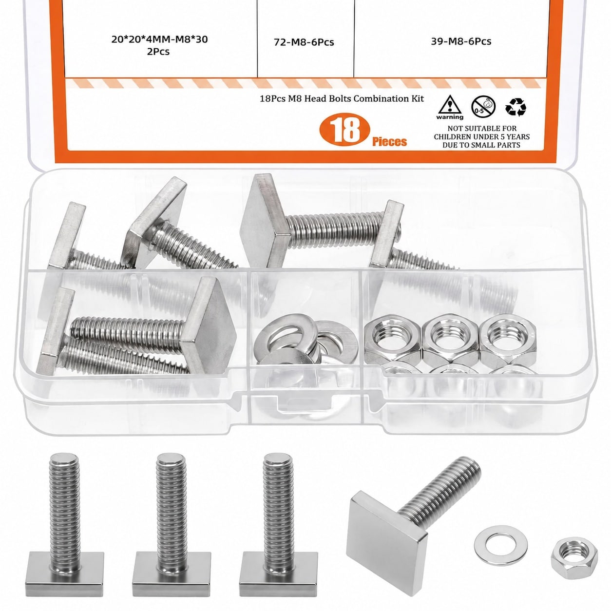 DYRCJ  M8 T Track Adapter Bolts Assortment Kit with Nuts and Washers 304 Stainless Steel Square T Slot Bolts for Roof Rack Bike Ski Kayak Rack