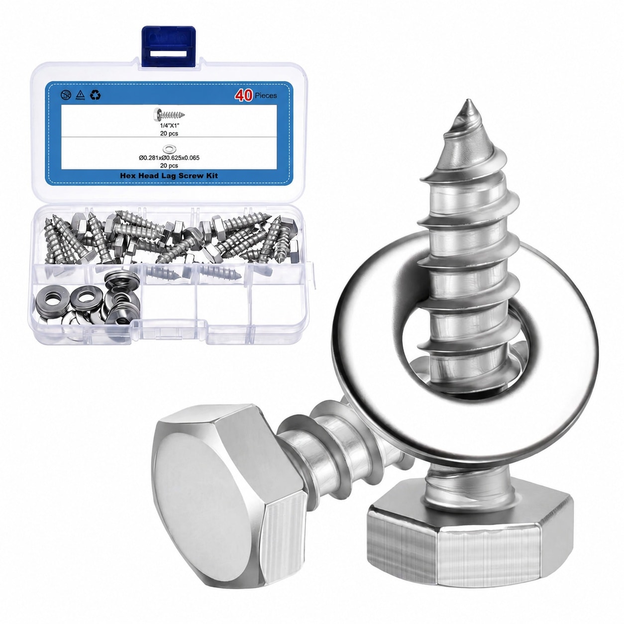 AKSCYZM  20 Pcs Hex Head Lag Screws 1 4x1 Stainless Steel 18 8 304 Heavy Duty Wood Screws with Flat Washers for Decks Fences Furniture