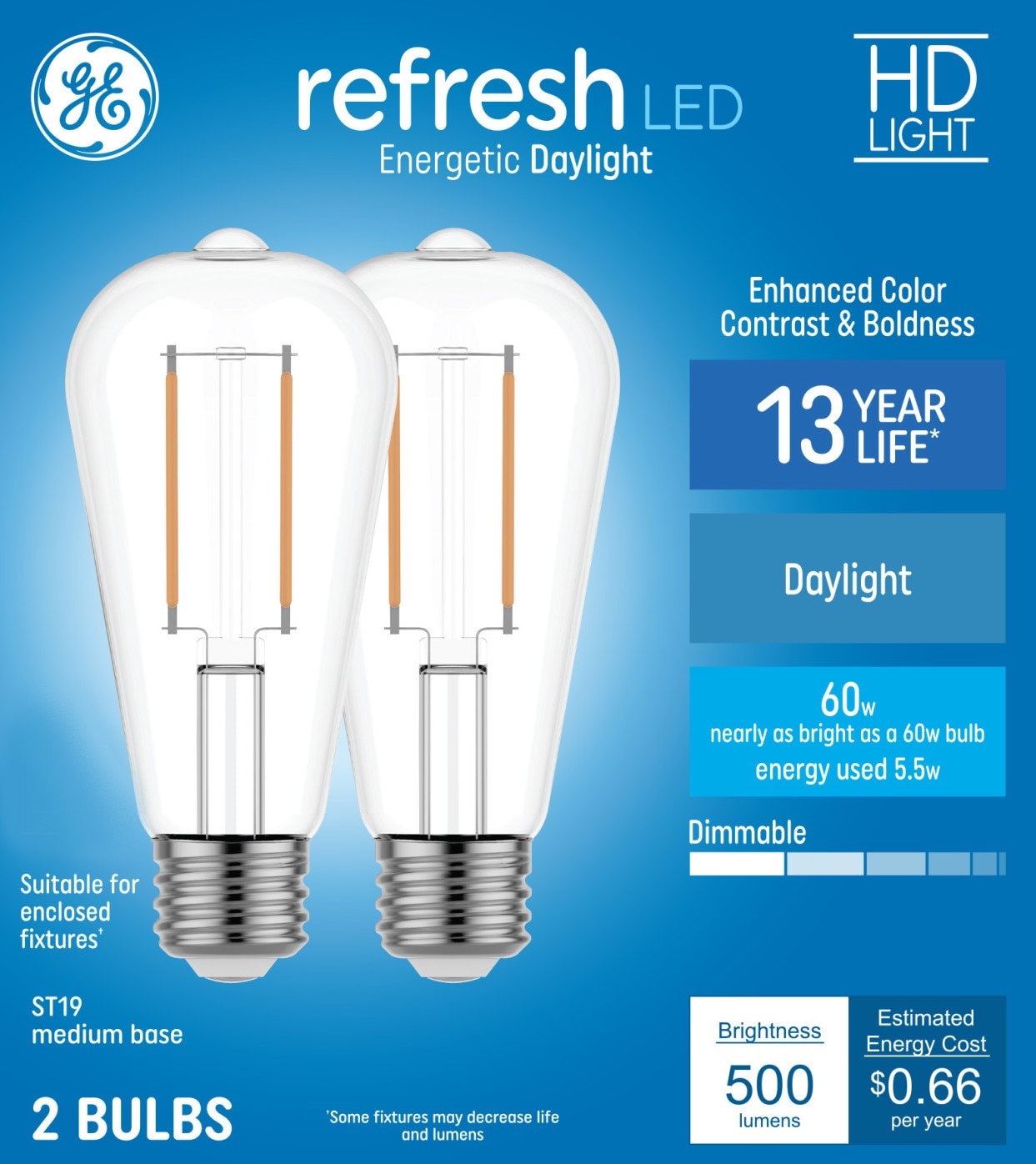 GE 93124196 Refresh 60 -Watt EQ ST19 Daylight Medium base (E-26) Dimmable LED Decorative Light Bulb 2 -Pack