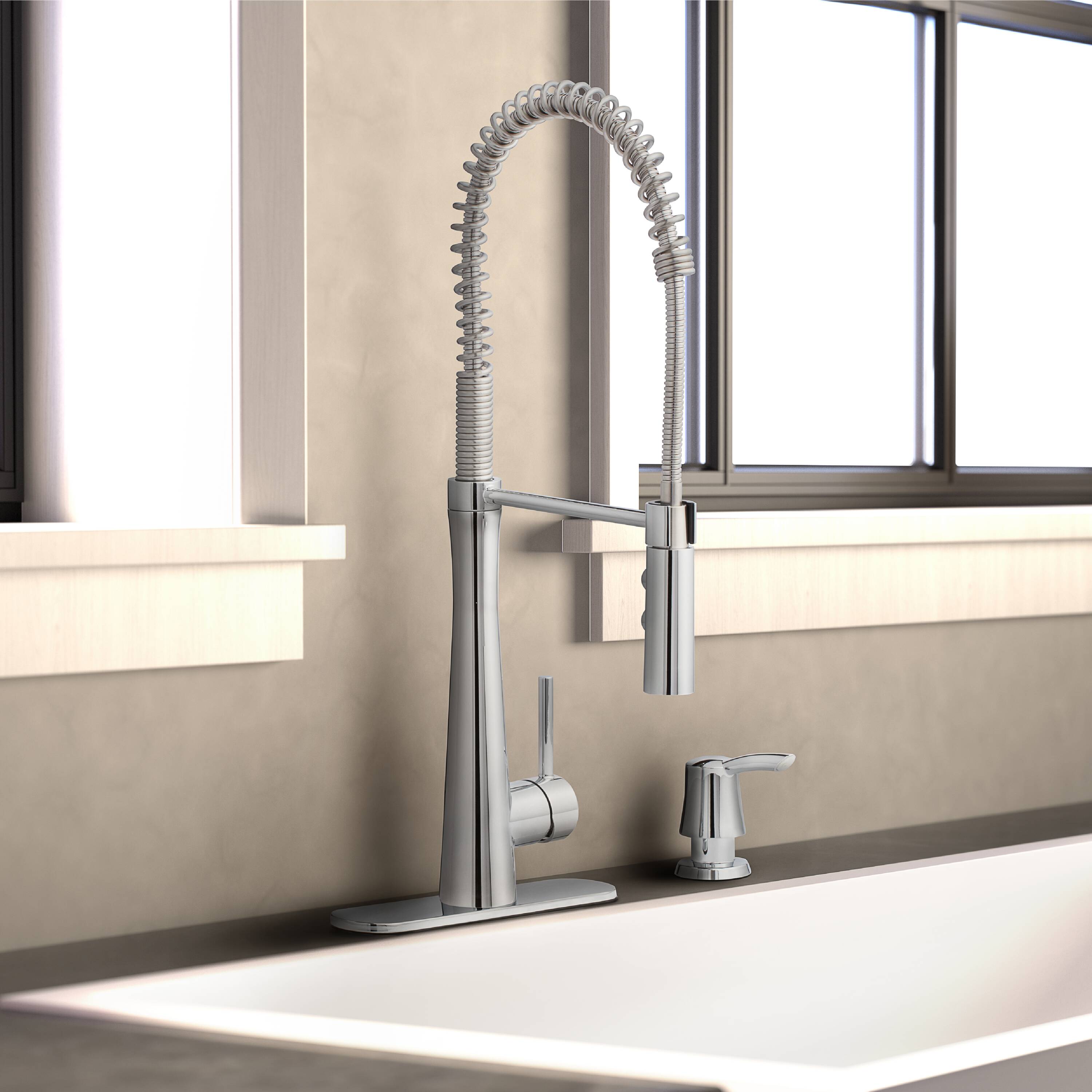 allen + roth 21-K152HCCP-AR Tilton Chrome Single Handle Deck-mount Kitchen Faucet with Sprayer ( Deck Plate Included ) (Soap Dispenser Included)