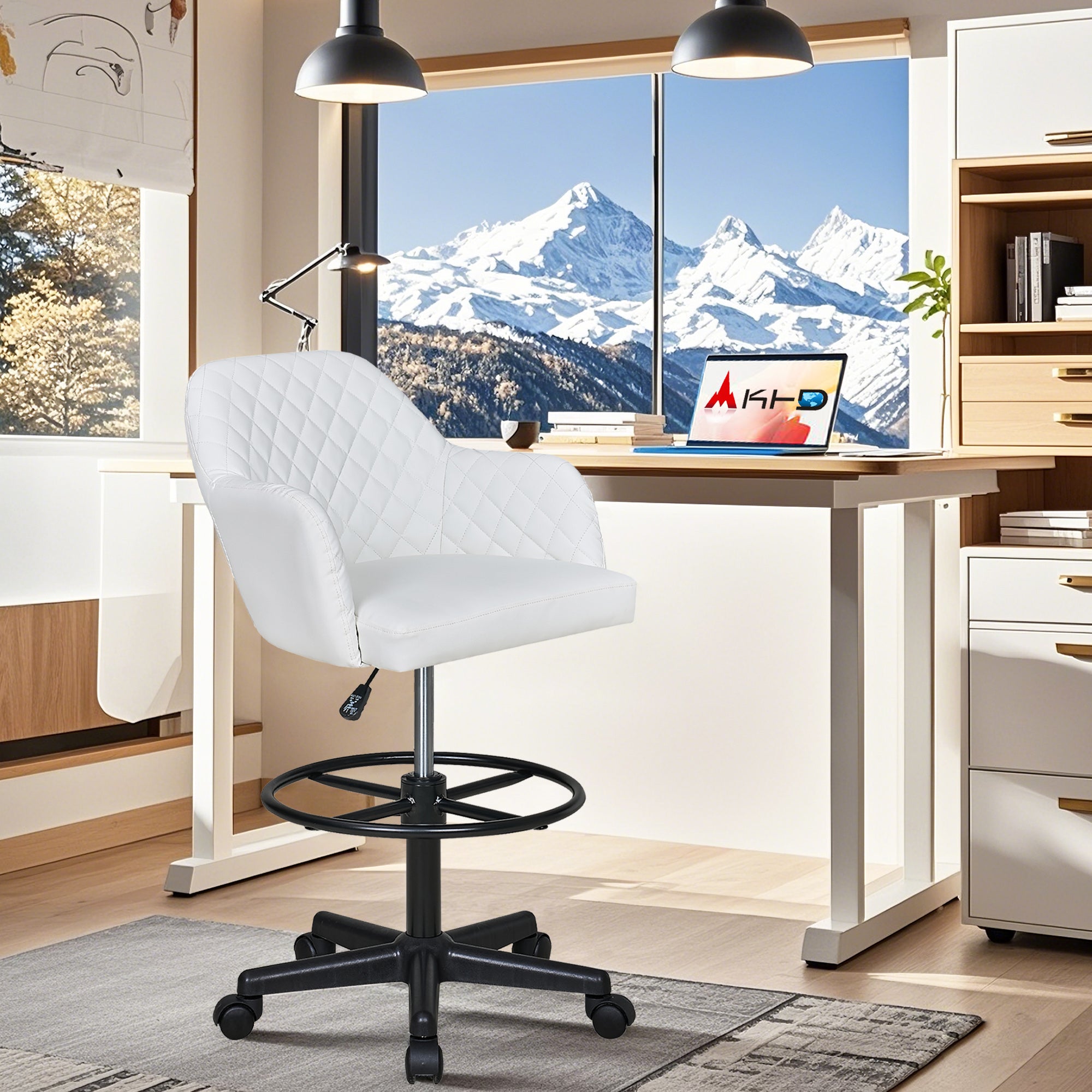 Vecelo LOE-OC22-WHT PU Leather Drafting Chair with Low Back and Footrest Ring Height Adjustable Swivel Rolling Wheels for Drawing Standing Desk Office