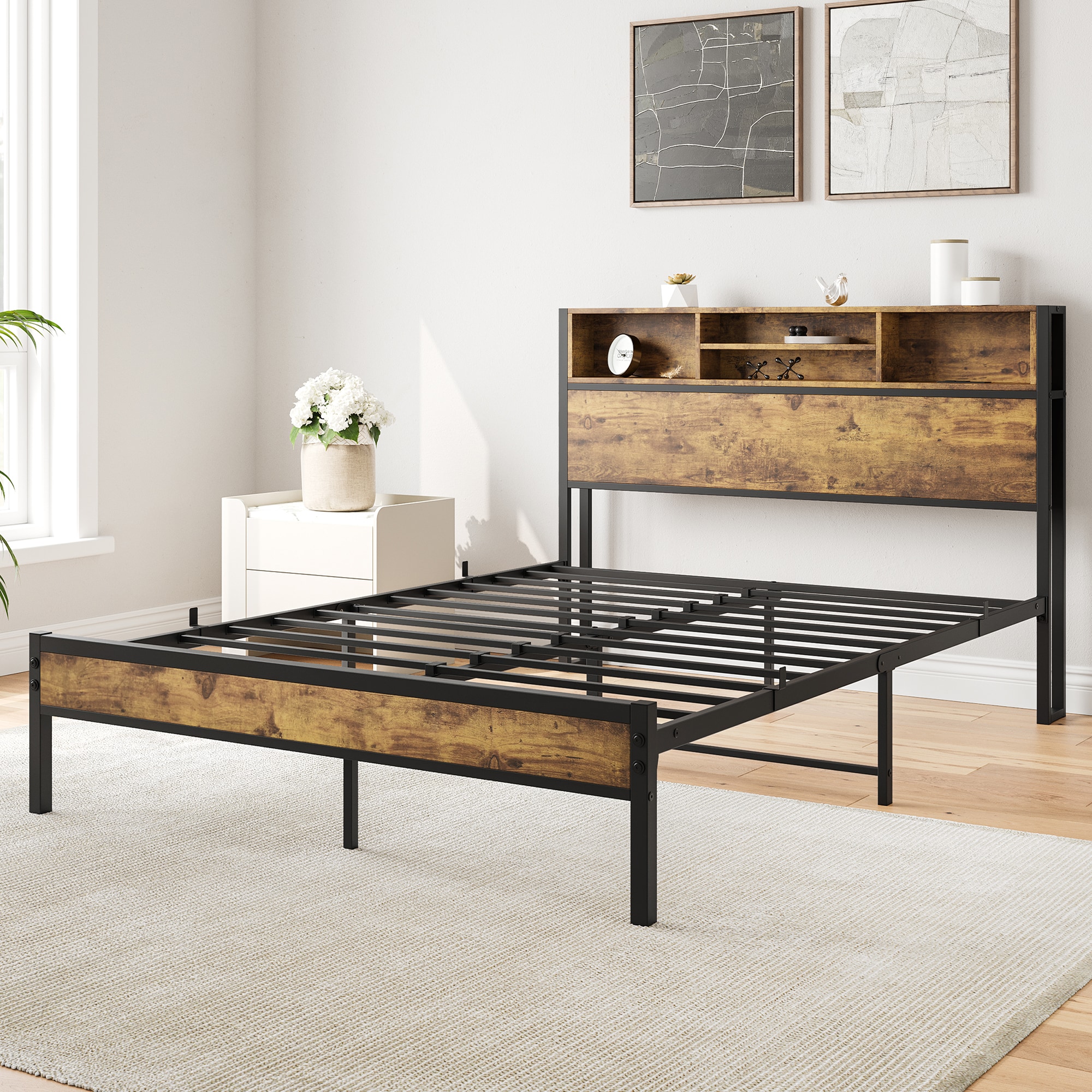 LETILY 59DN22WU Full Brown Metal Bed Frame Storage with Headboard