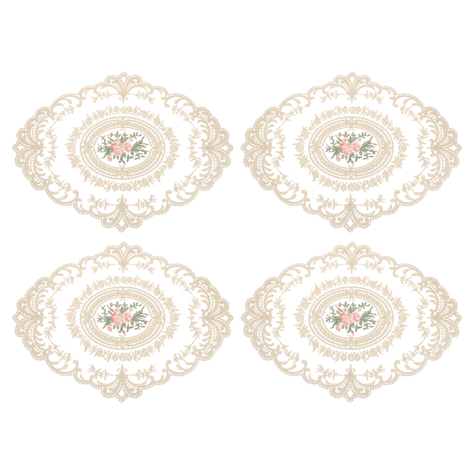 Unique Bargains 4pcs Retro Lace Placemat 12x16-in Oval Embroidered Table Place Mats French Crochet Doilies Coasters Cup Mat for Home Wedding Dark Beige #S26042300UX5085