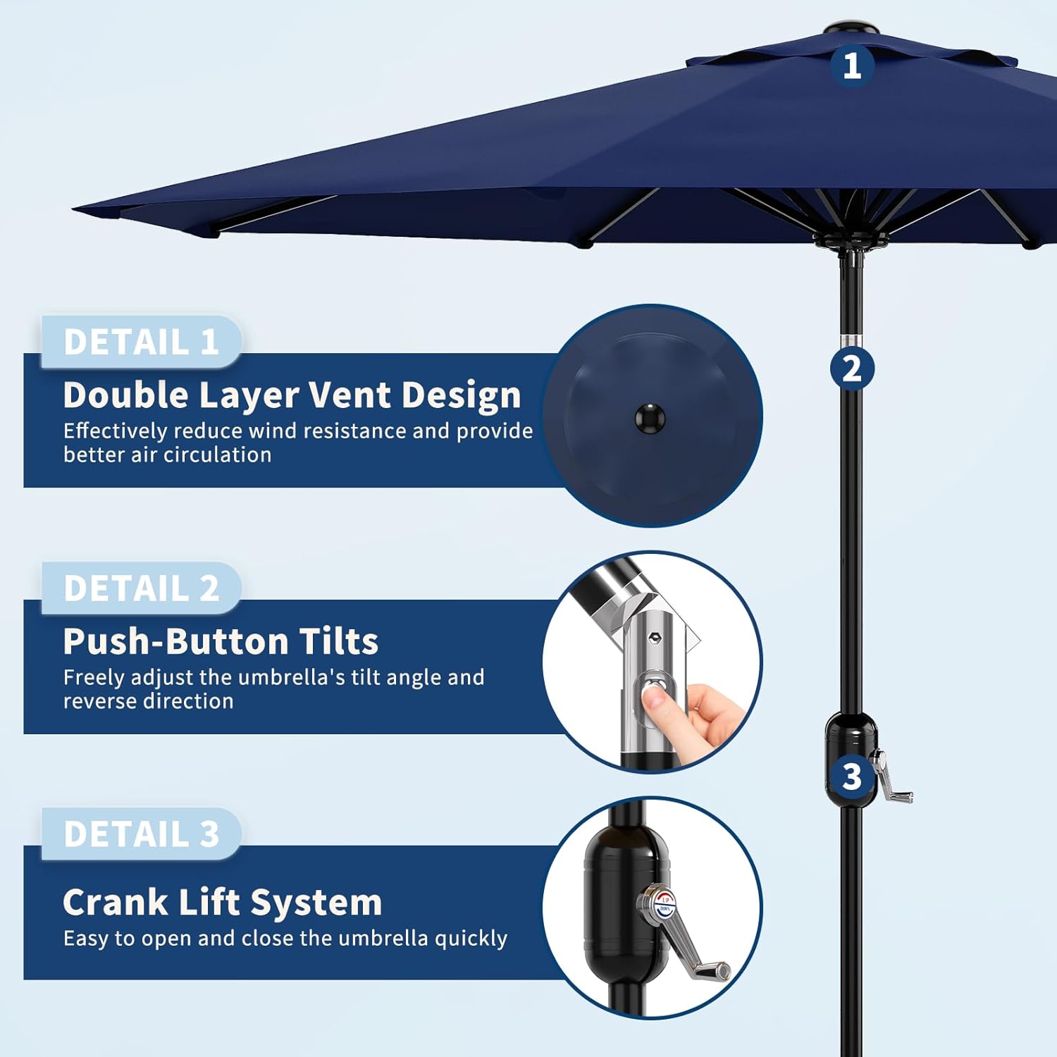 9 double vented patio umbrella PHI VILLA 9'x12' Hydraulic Cantilever Outdoor w/Base,Beige Vented canopy allows fresh air to flow around the umbrella IdealHouse 9FT Outdoor Patio Umbrella