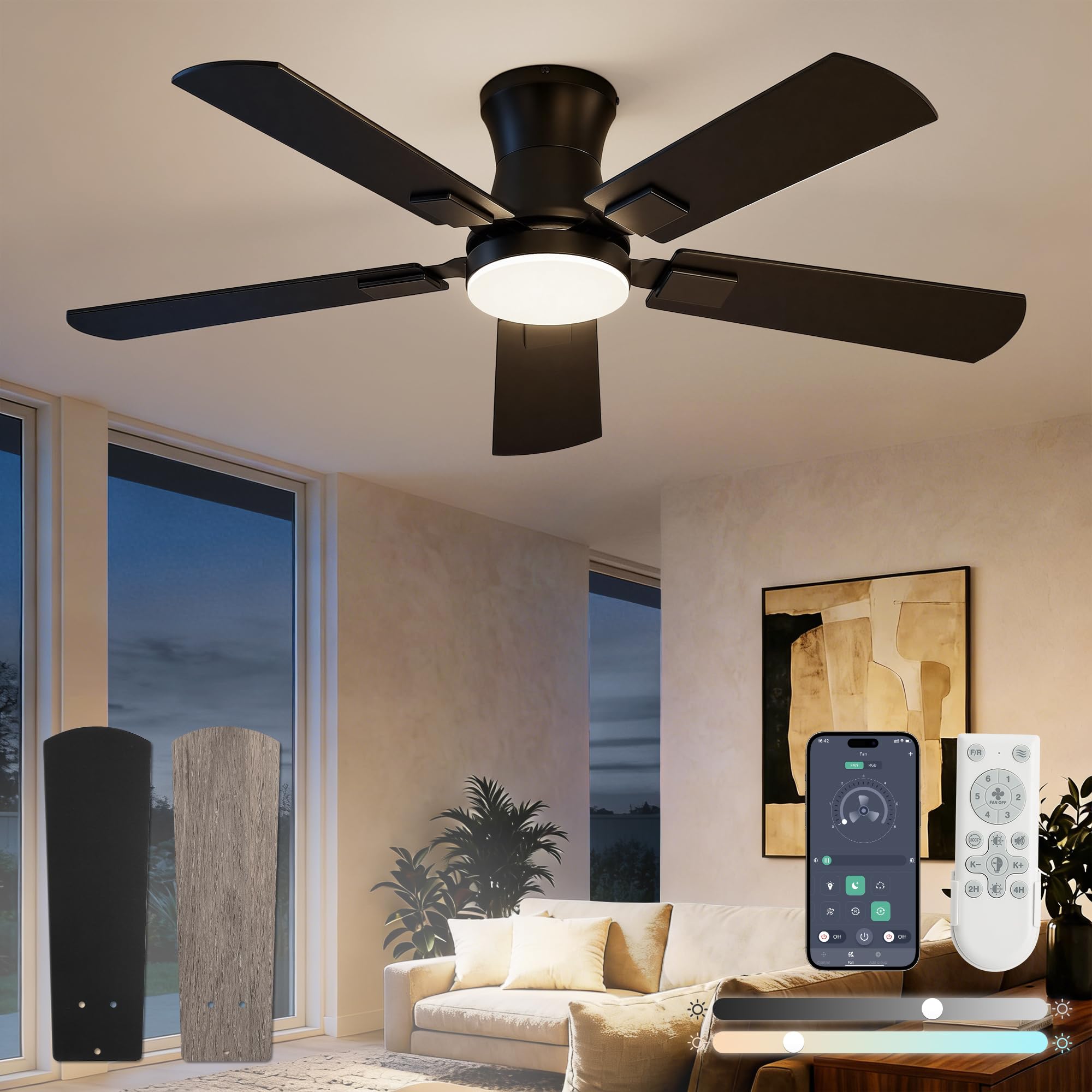 AOIZGMY  42 inch Low Profile Ceiling Fan with Light Flush Mount Quiet DC Motor Remote and App Control Dimmable LED Adjustable Color Six Speeds
