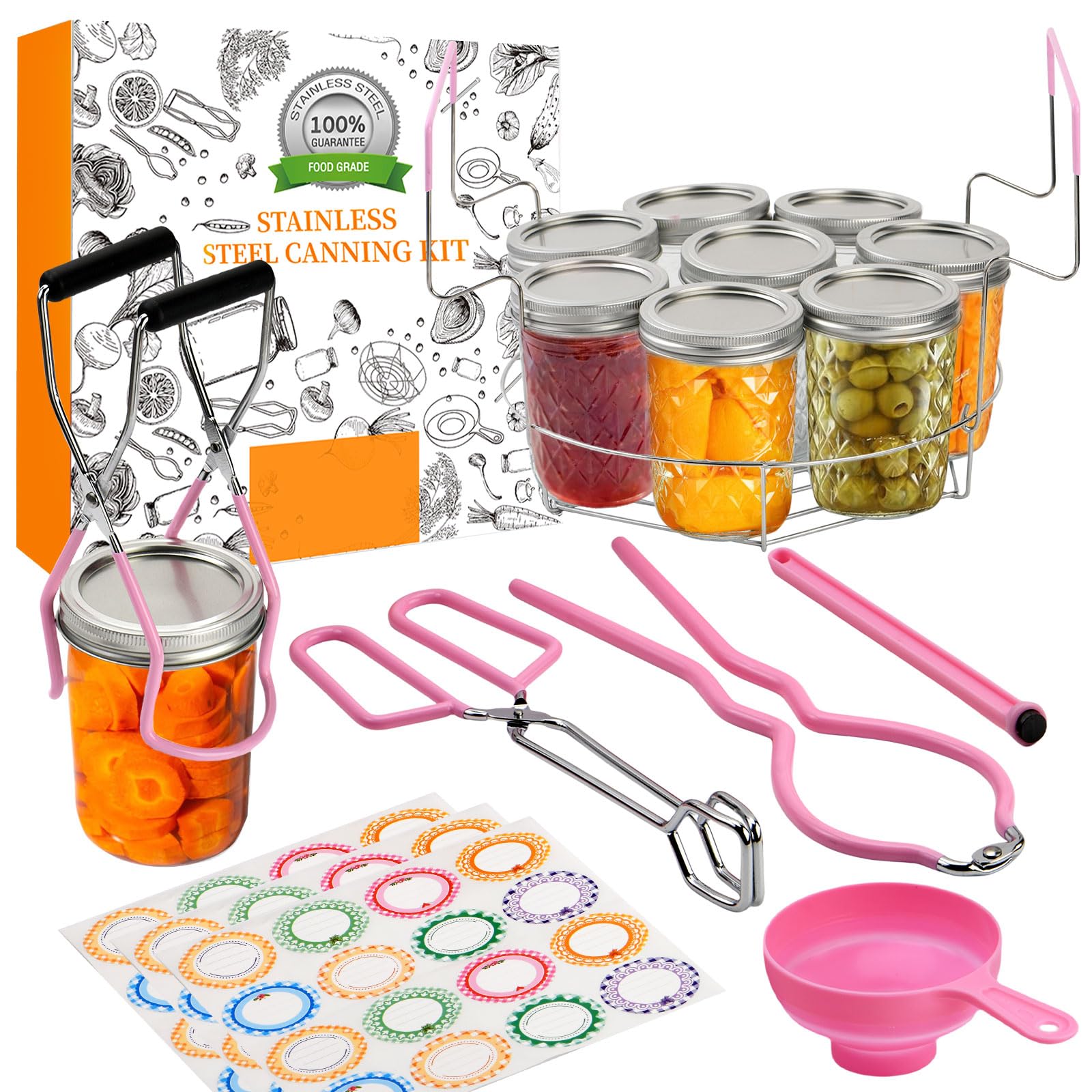 LILILIAN FMY  Canning Supplies Starter Kit with Stainless Steel Canning Rack Jar Lifter Tongs Funnels Lid Lifter for Water Bath and Pressure