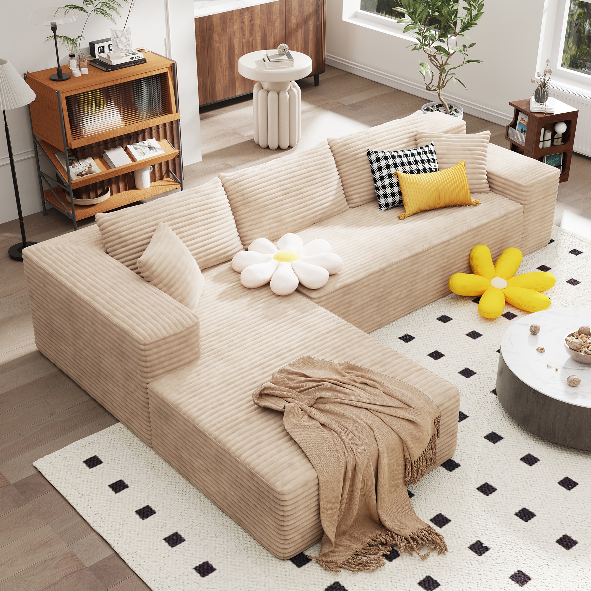 Pouuin SVI24L 104.3-in Modern Beige Plush Corduroy 3 -seater Sectional