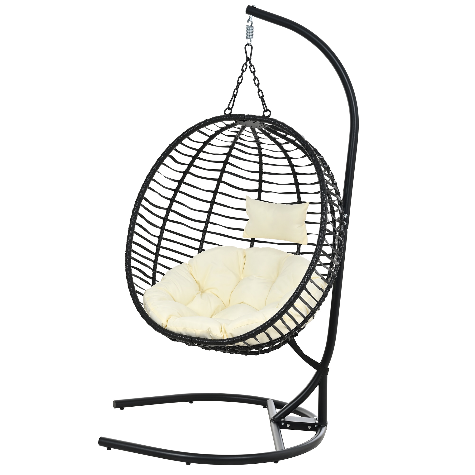 Qualler  Single Person Folding Egg Chair with Stand Wicker Hammock Swing Chair and Adjustable Anti-Slip Feet - Black and Beige