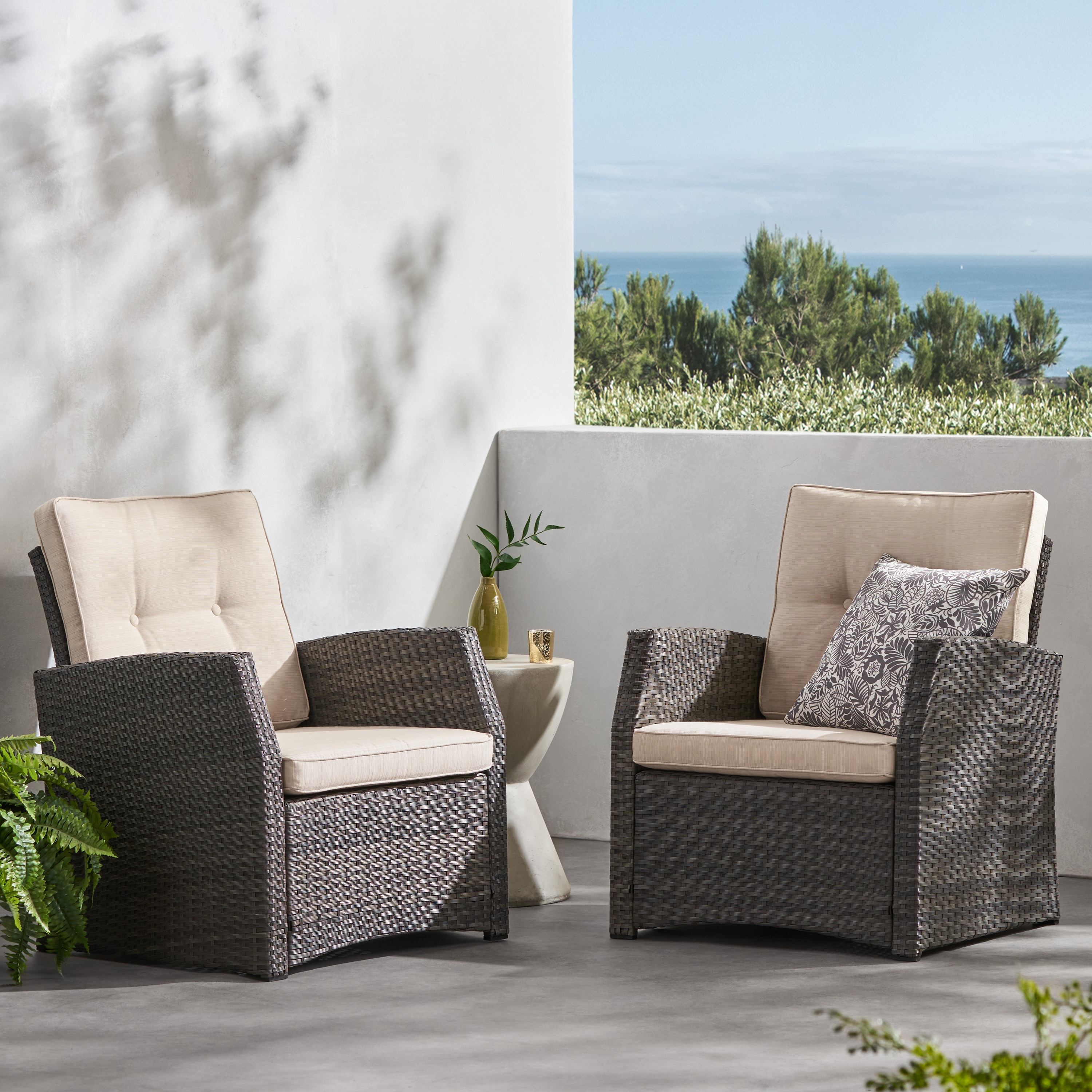 Christopher Knight Home 318038 Sanger Wicker Outdoor Club Chairs with Cushions-Gray, Beige