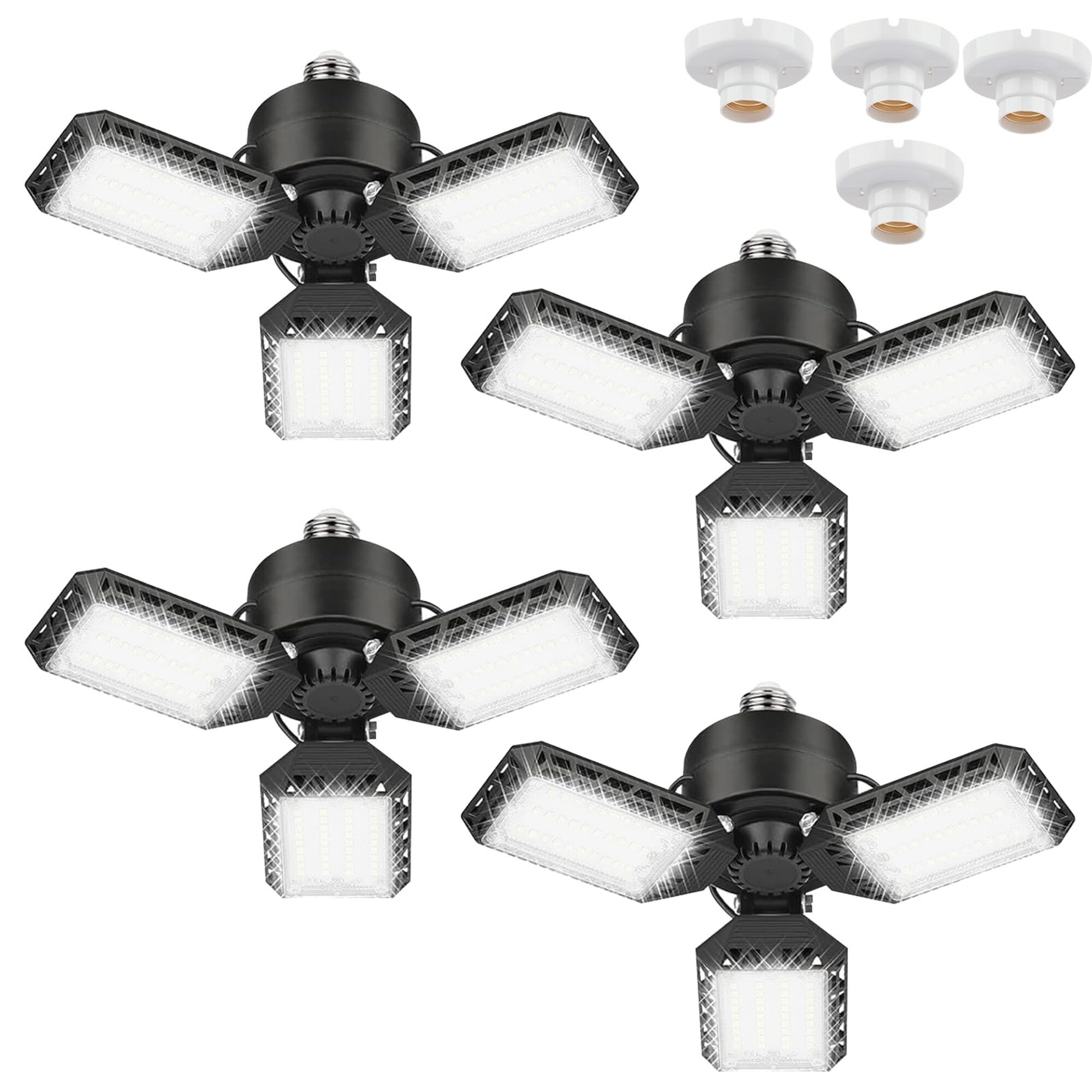Angel Sar 4 Pack LED Garage Ceiling Light with 3 Adjustable Panels 60W 8000LM E26 Socket for Warehouse Workshop Barn Yard