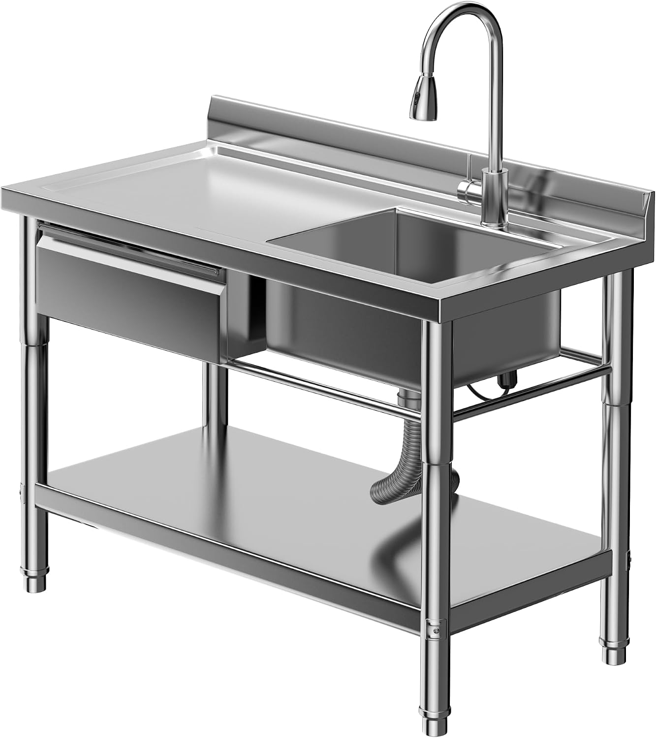 Assile Stainless Steel Single Bowl Laundry Tub with Hot Cold Faucet Drawers and Workbench for Garage