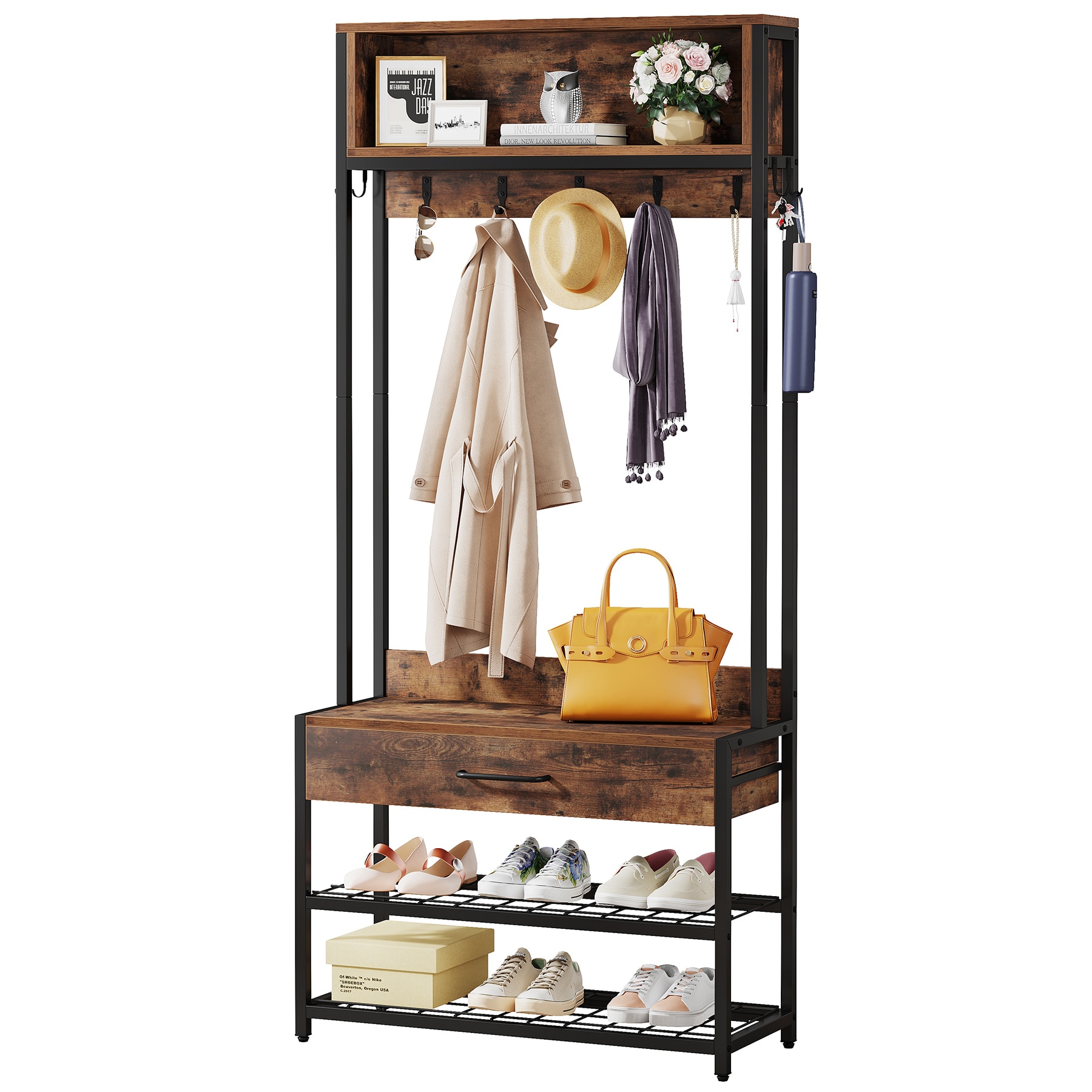 Hallway Bench and Coat Rack, Entryway Furniture Set, Shoe Bench With Shelf  and Coat Hooks, Mudroom Furniture 