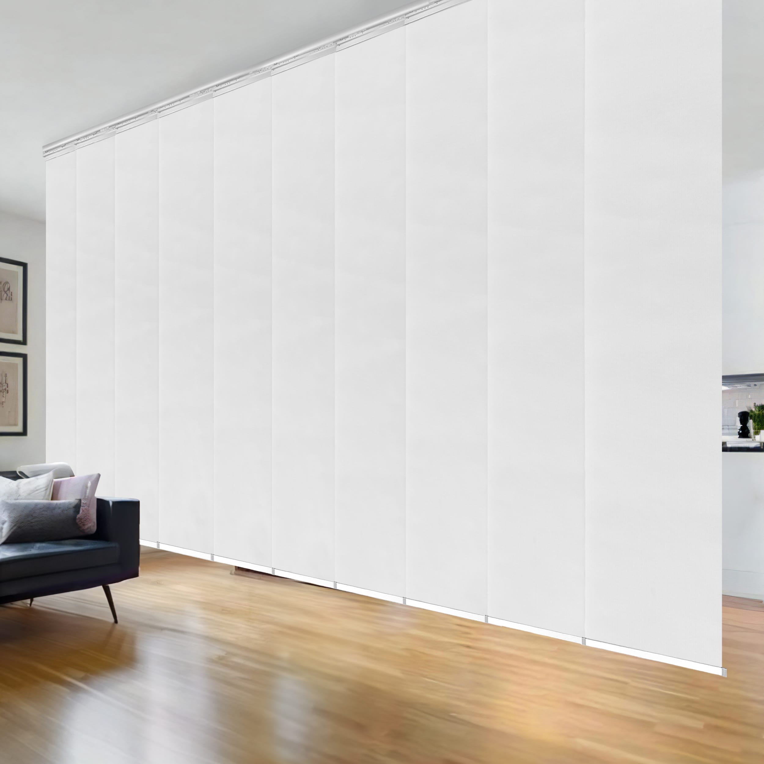 Hart & Harlow L-T24W-10-10P25A 10-Panel Double Rail White Aluminum 23.5-in Slat Width 218-in x 94-in Cordless Collandale White Fabric Light Filtering Panel Track Blinds