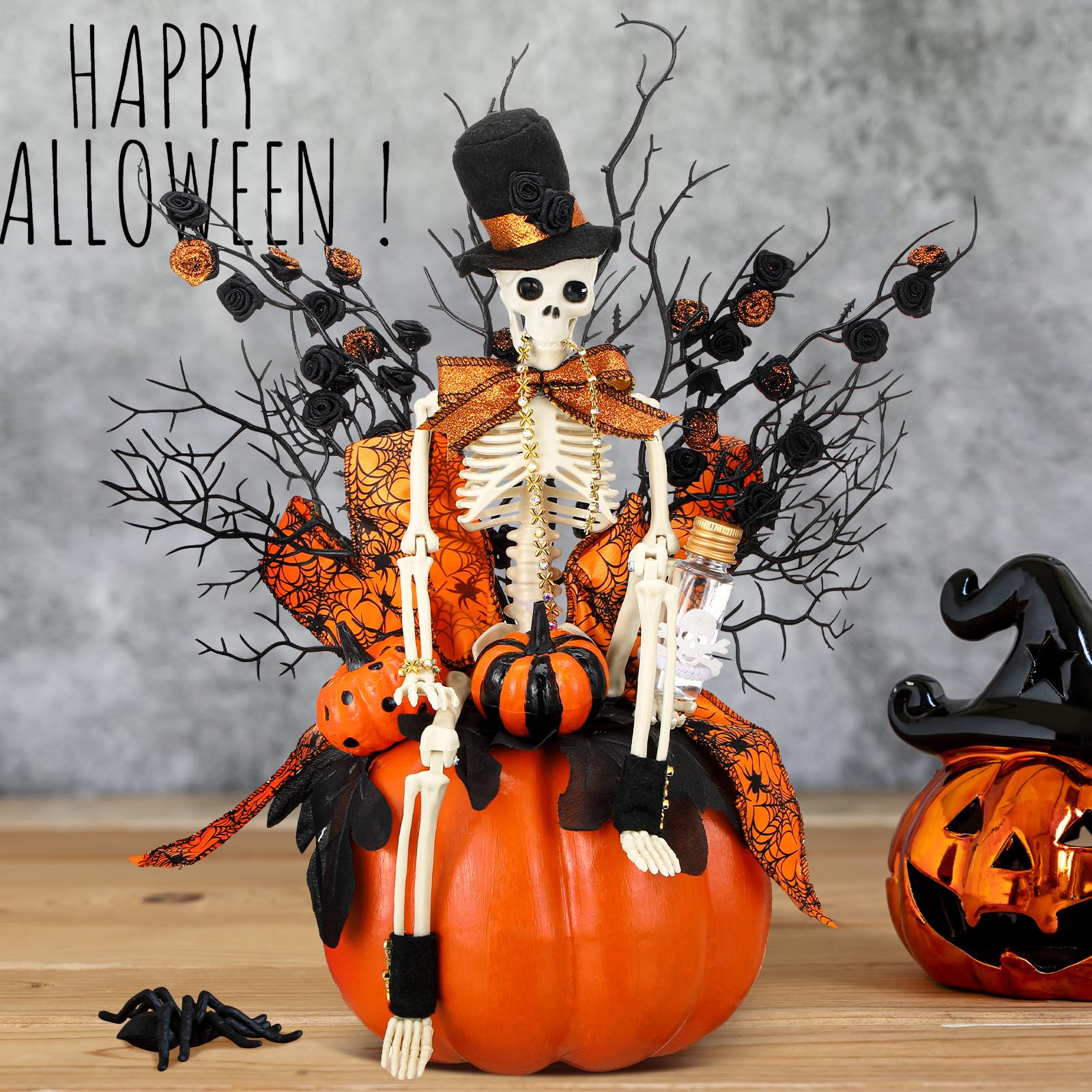 AKSCYZM  Halloween Table Centerpiece Artificial Flowers Skull Pumpkin Multicolor Tabletop Decor for Home Kitchen Indoor Party