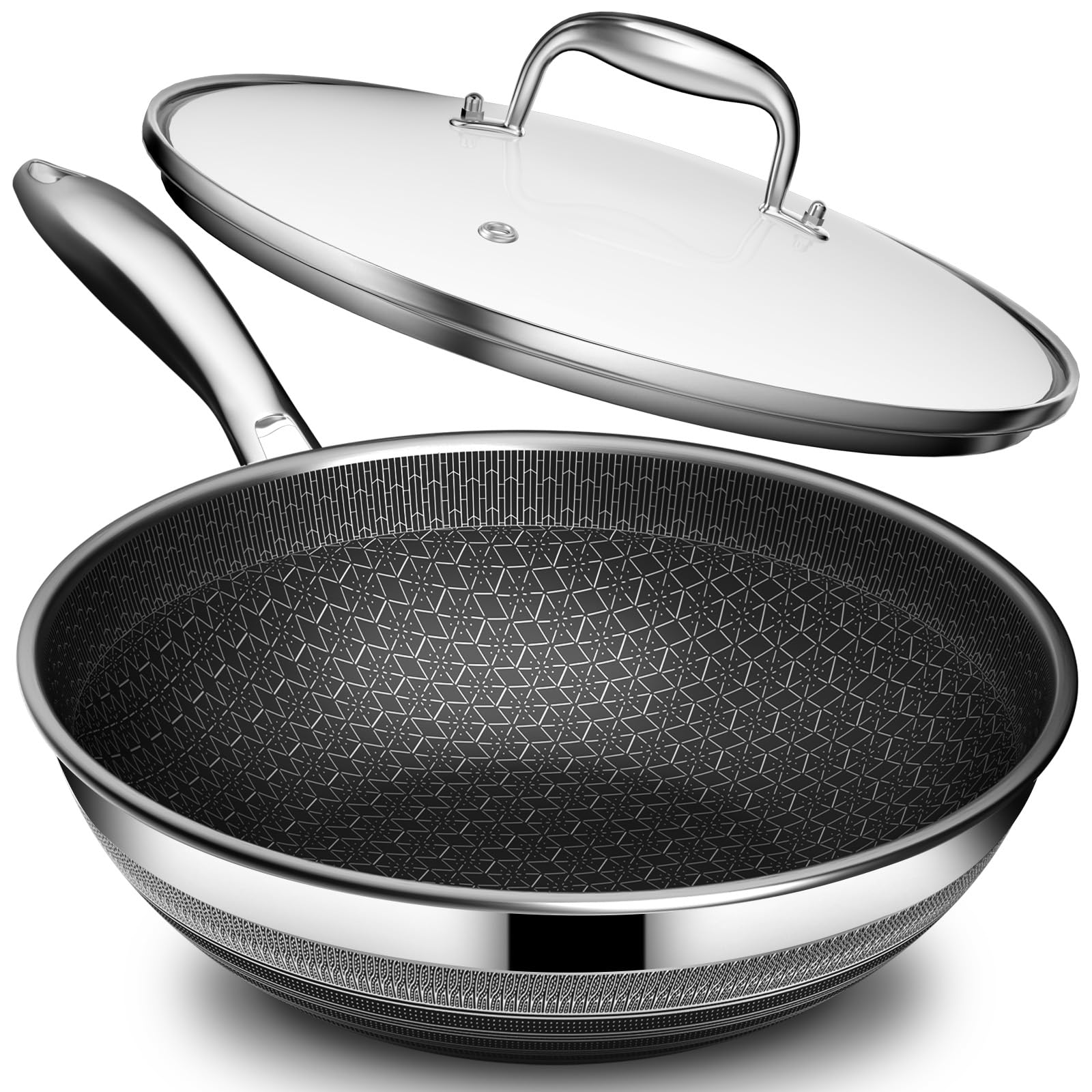 Aoibox  10 83 in Nonstick Hybrid Stainless Steel Wok Pan with Lid Tri Ply Induction Compatible PFOA Free Pan
