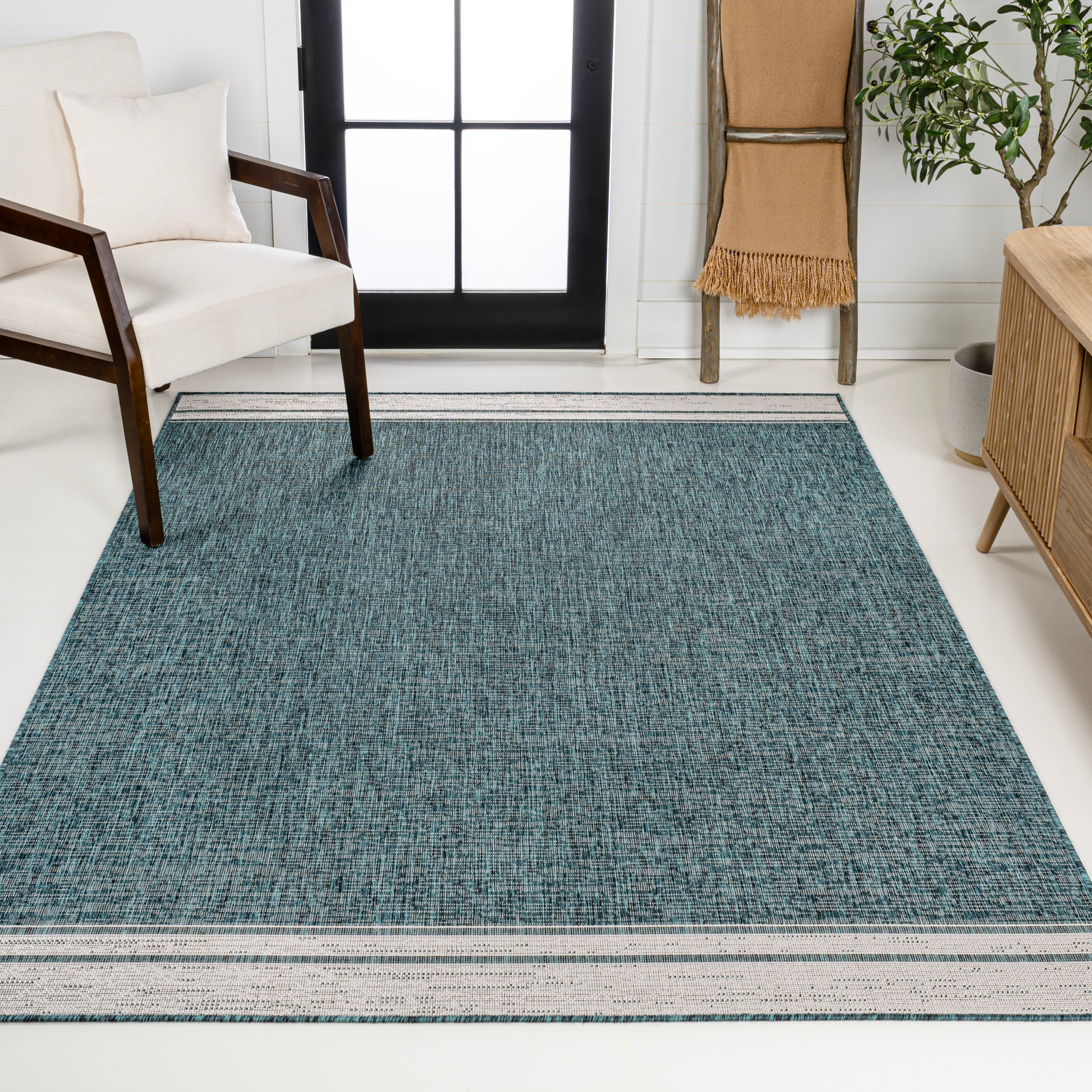 JONATHAN  Y TSN213E-3 TUSCAN SUN Alda Minimalist Mingled Solid 3 x 5 (ft) Loomed Polypropylene Turquoise/Cream Rectangular Indoor/Outdoor Border Industrial Area rug