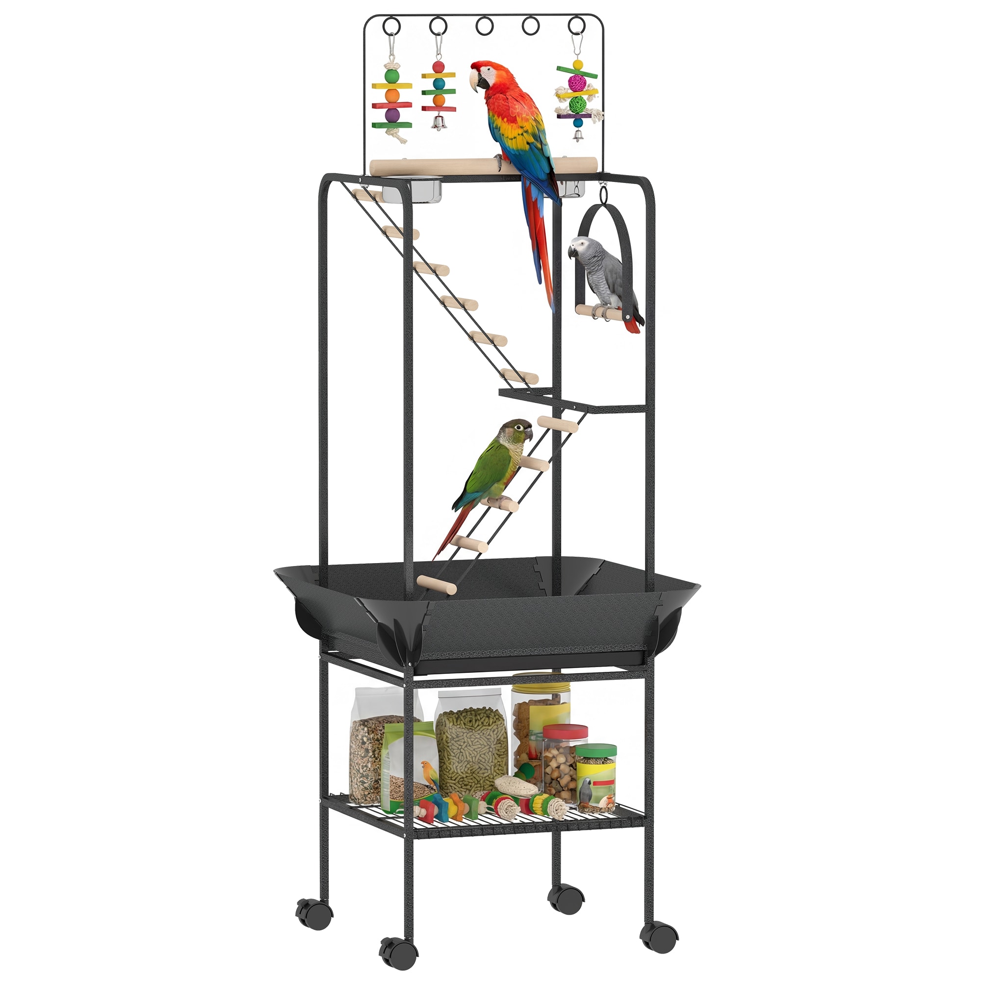 PawHut  64inchH Rolling Bird Stand Parrot Playstand with Seed Guard  Wheels Steel Bird Playground Gym with Ladders Swing Toy Hook  Bowls Large Parrot Perch for Cockatiels Conures Parakeets