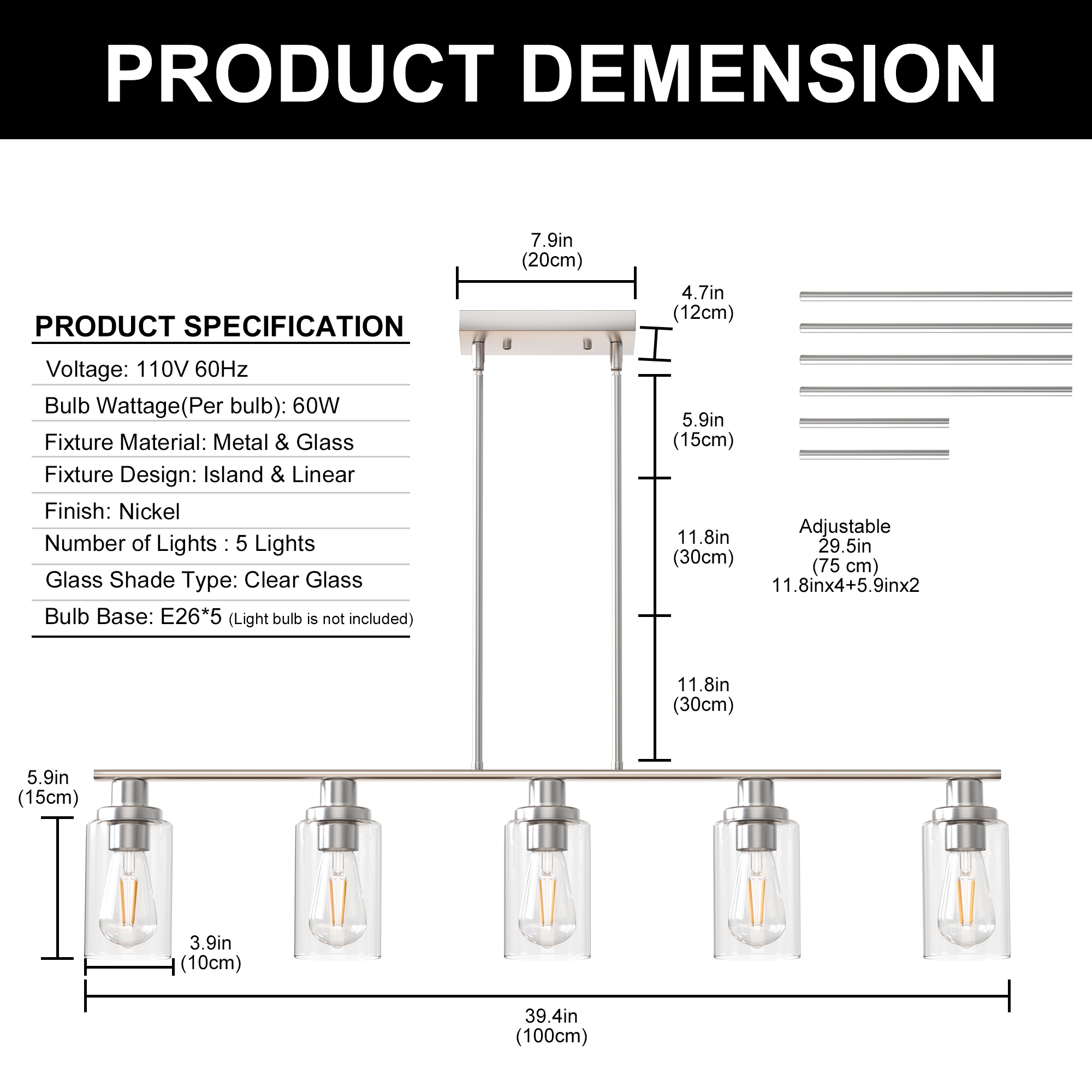 YANSUN 5-Light Brushed Nickel Modern/Contemporary Clear Glass Linear ...