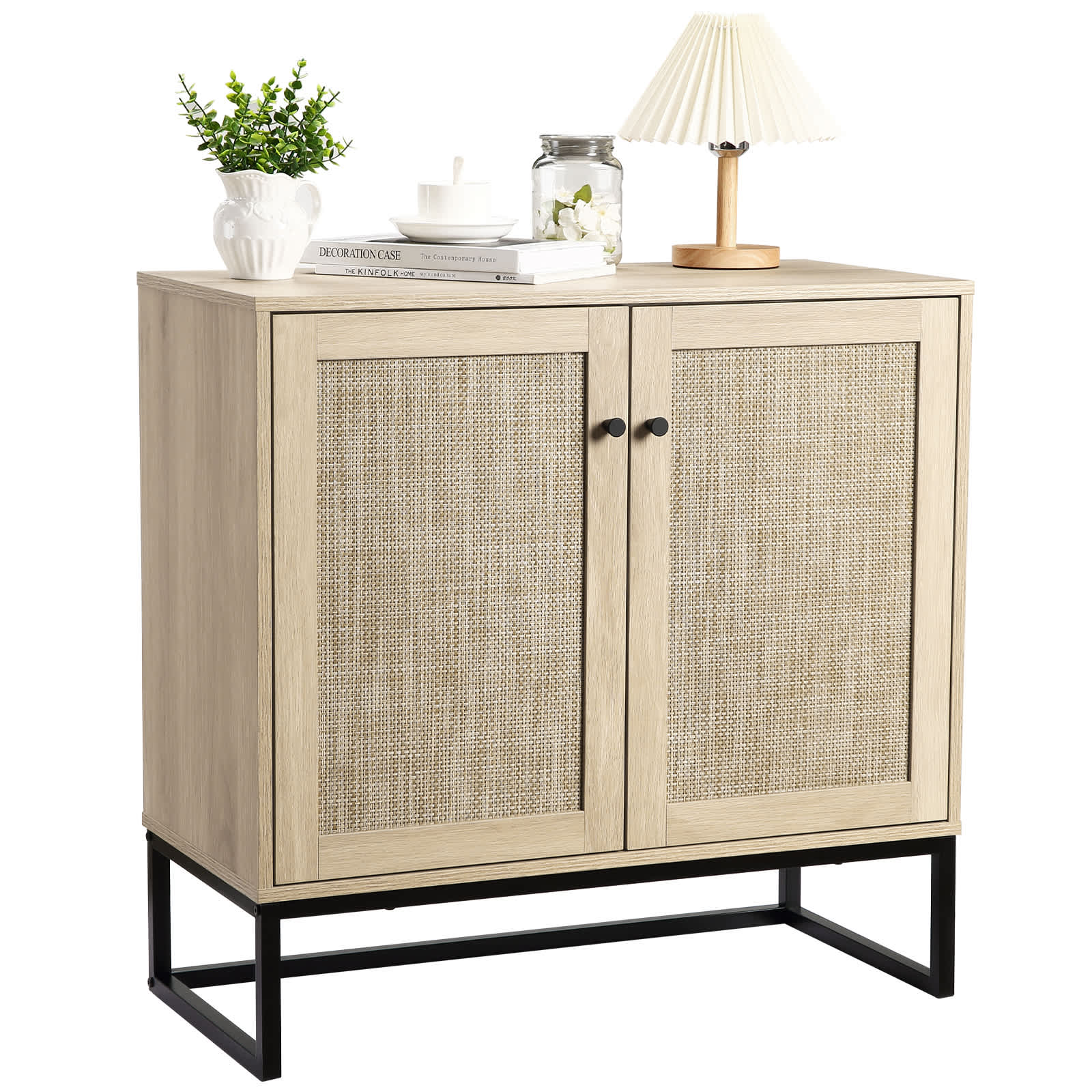 Qeetex JXNAG-PHO-0ZS3FLND Sideboard Buffet Cabinet with 2 Rattan Doors Farmhouse Console Table with Storage Entryway Accent Table Kitchen Cupboard for Living Room Hallway Dining Room-Natural