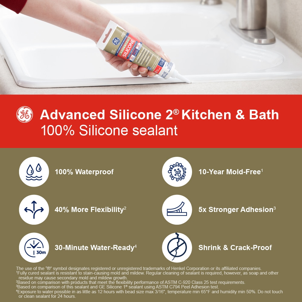 GE Advanced Silicone 2 Kitchen and Bath, Tub and Tile 2.8-oz Clear Silicone  Caulk in the Caulk department at