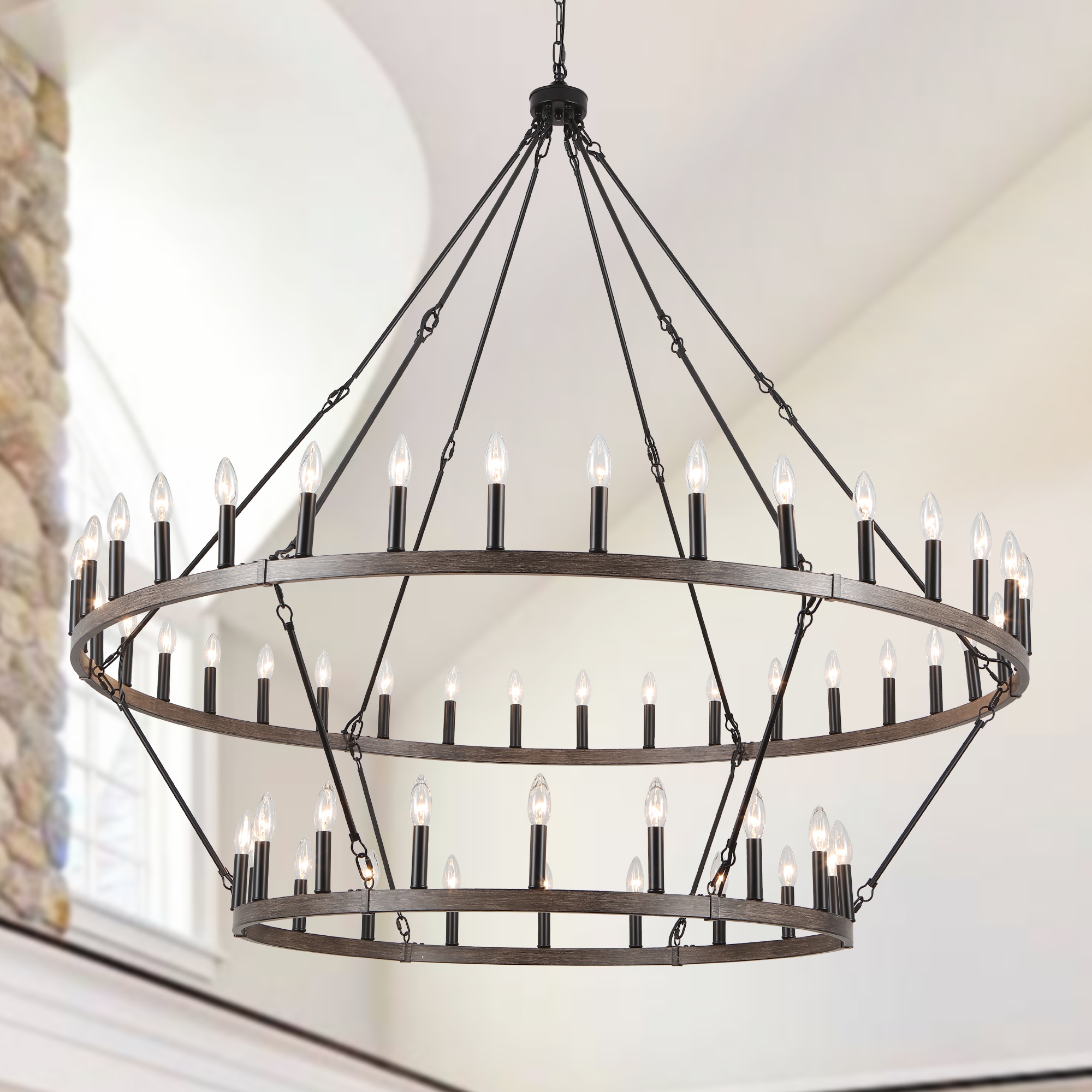 Zjvaive 60-in 54-Light Matte Black And Brown Rustic Two Tier Large Wagon Wheel Chandelier