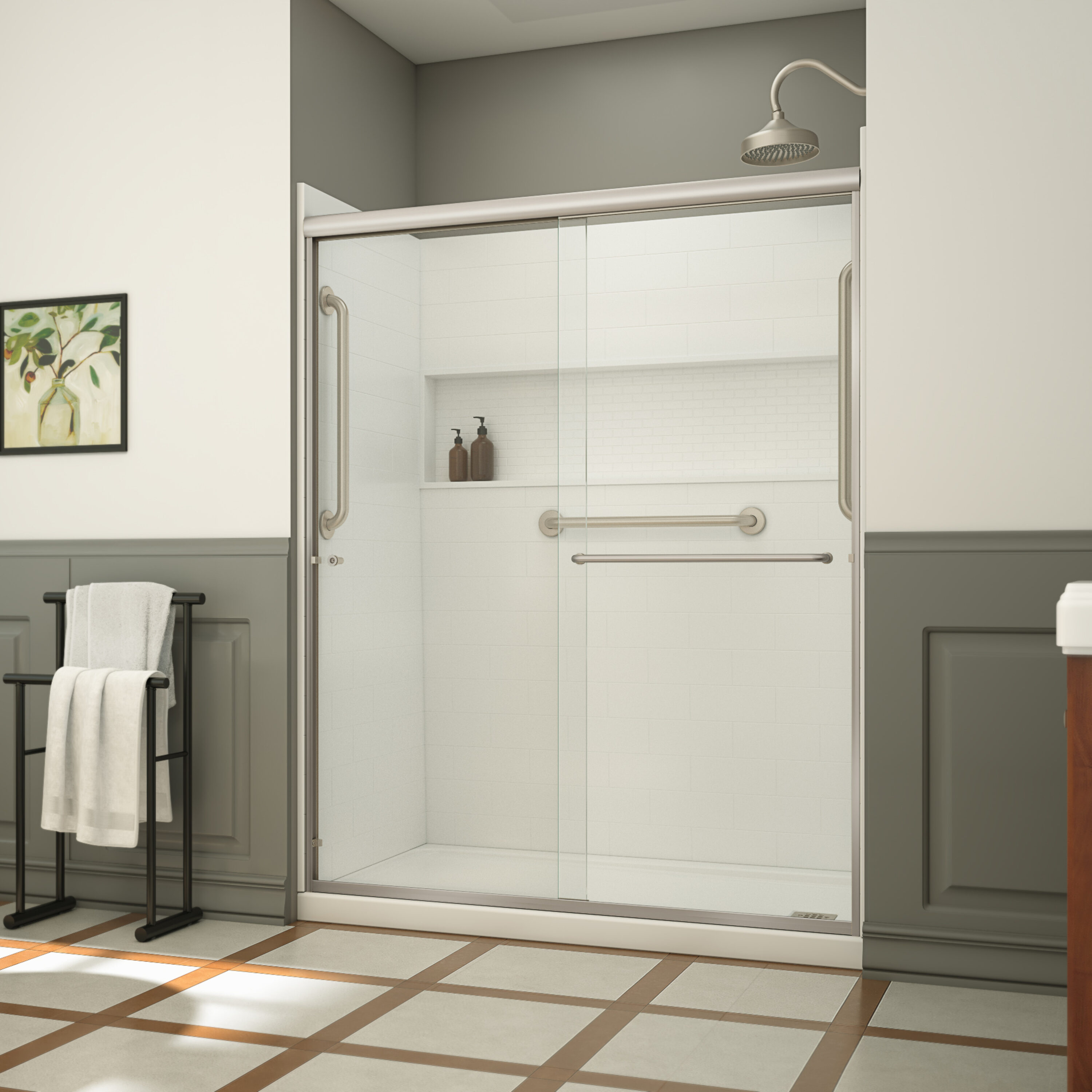 Laurel Mountain Southern 4 -Piece 32-in W x 60-in L x 74-in H Rectangle Alcove shower kit ( Right Drain) Base, Wall, Door Drain and Brushed nickel Hardware Included