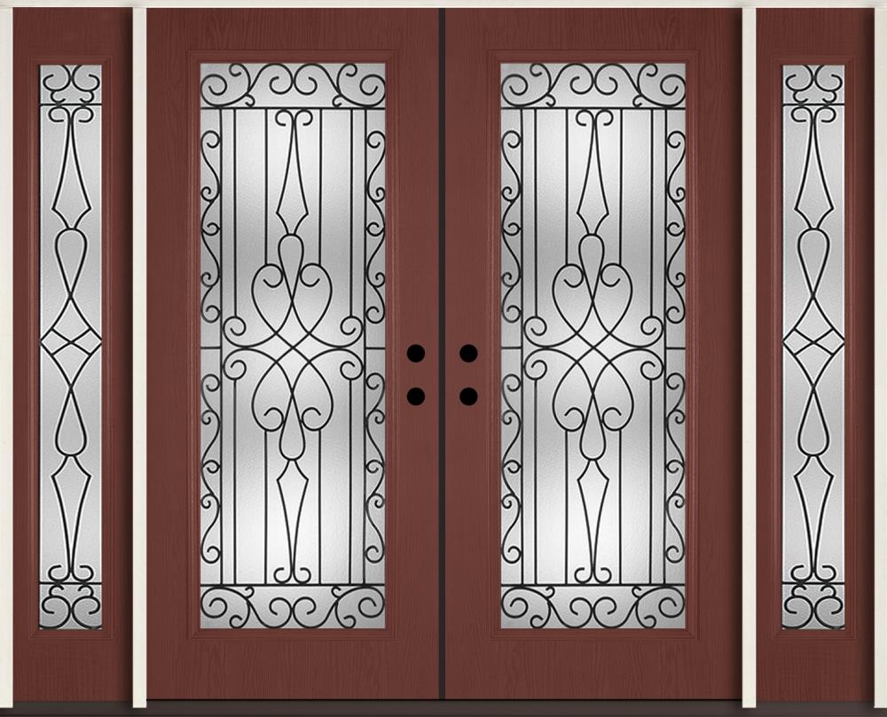 RELIABILT LO911303 Wyngate 96-in x 80-in x Fiberglass Full lite Right-hand inswing Wineberry Stained Prehung Double Front Door with Sidelights Insulating core