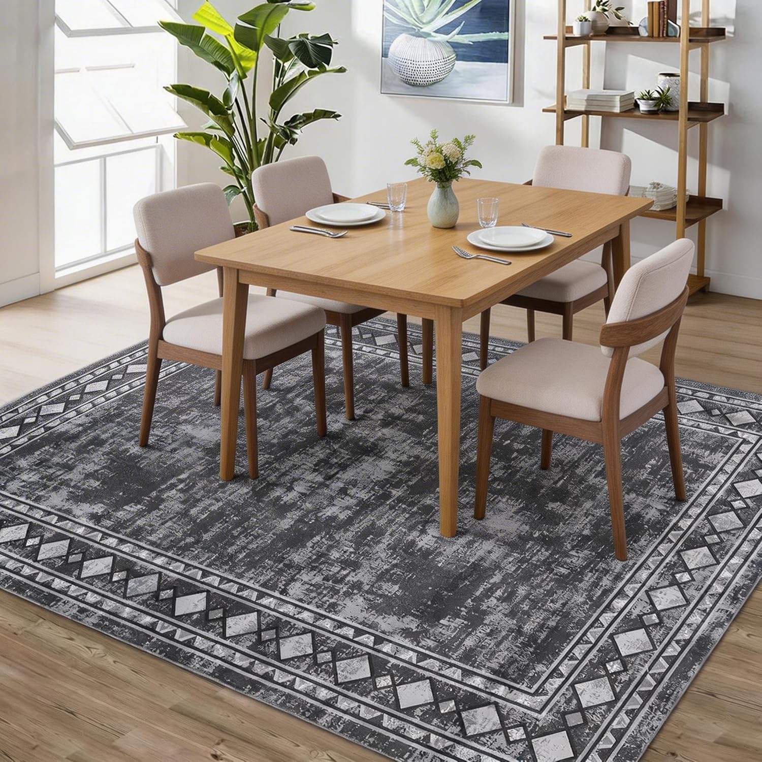IdealHouse 5x7 Area Rugs for Living Room Washable Rug Boho Rug for Bedroom Border Throw Rugs Stain Resistant Throw Carpet Low Pile Floor Cover for Office Dining Room Nursery Grey #LUCY-JMUE9DGAC42O