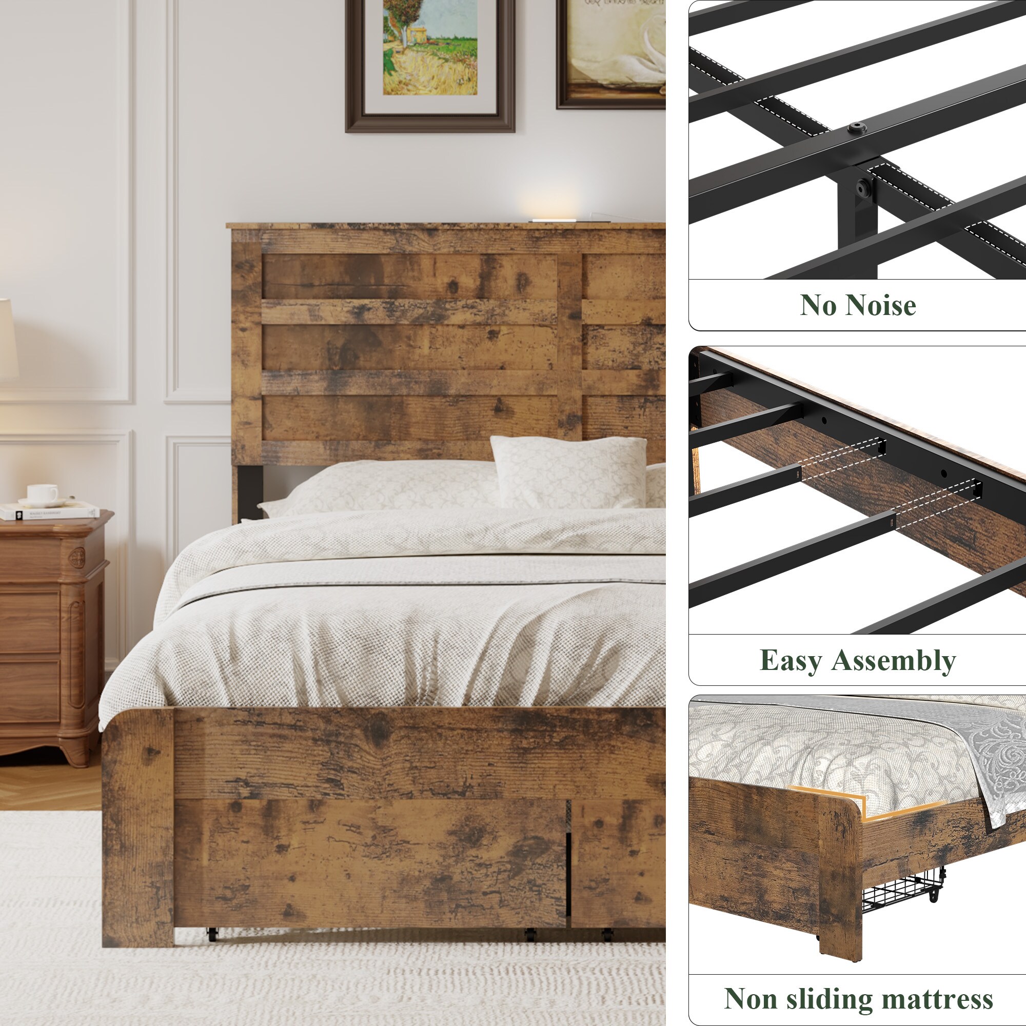 LUXEYARD Full-size bed frame with storage drawers and USB ports wooden ...
