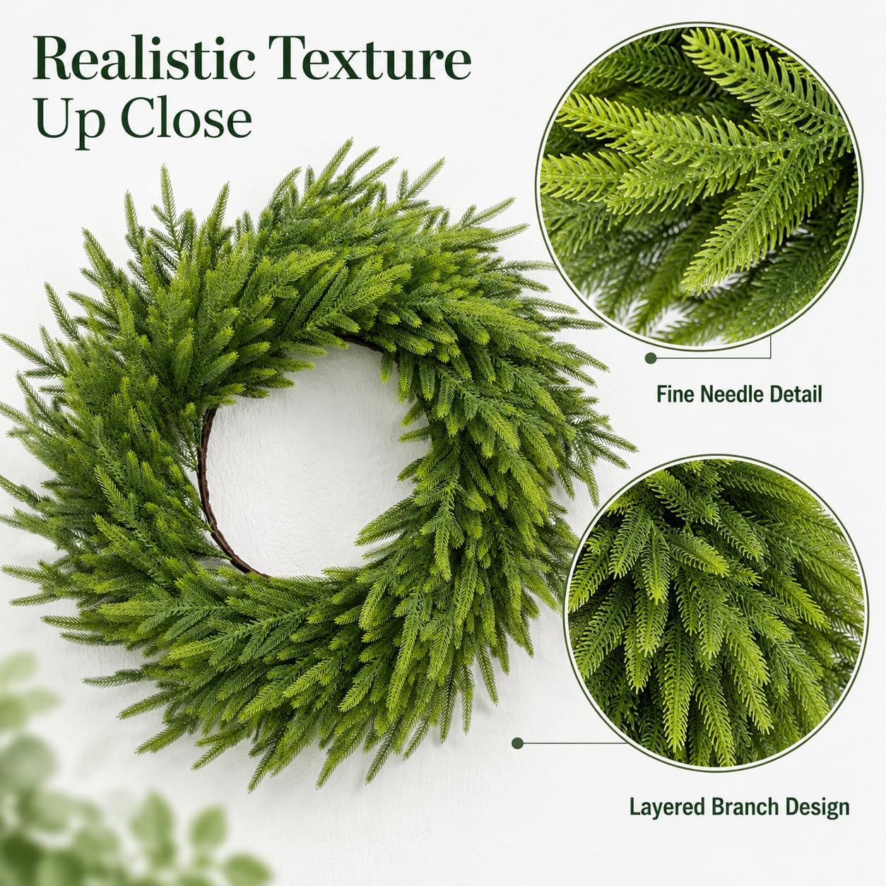 Aoile 26 in Green Unlit Artificial Christmas Wreath - Realistic PE Pine Foliage