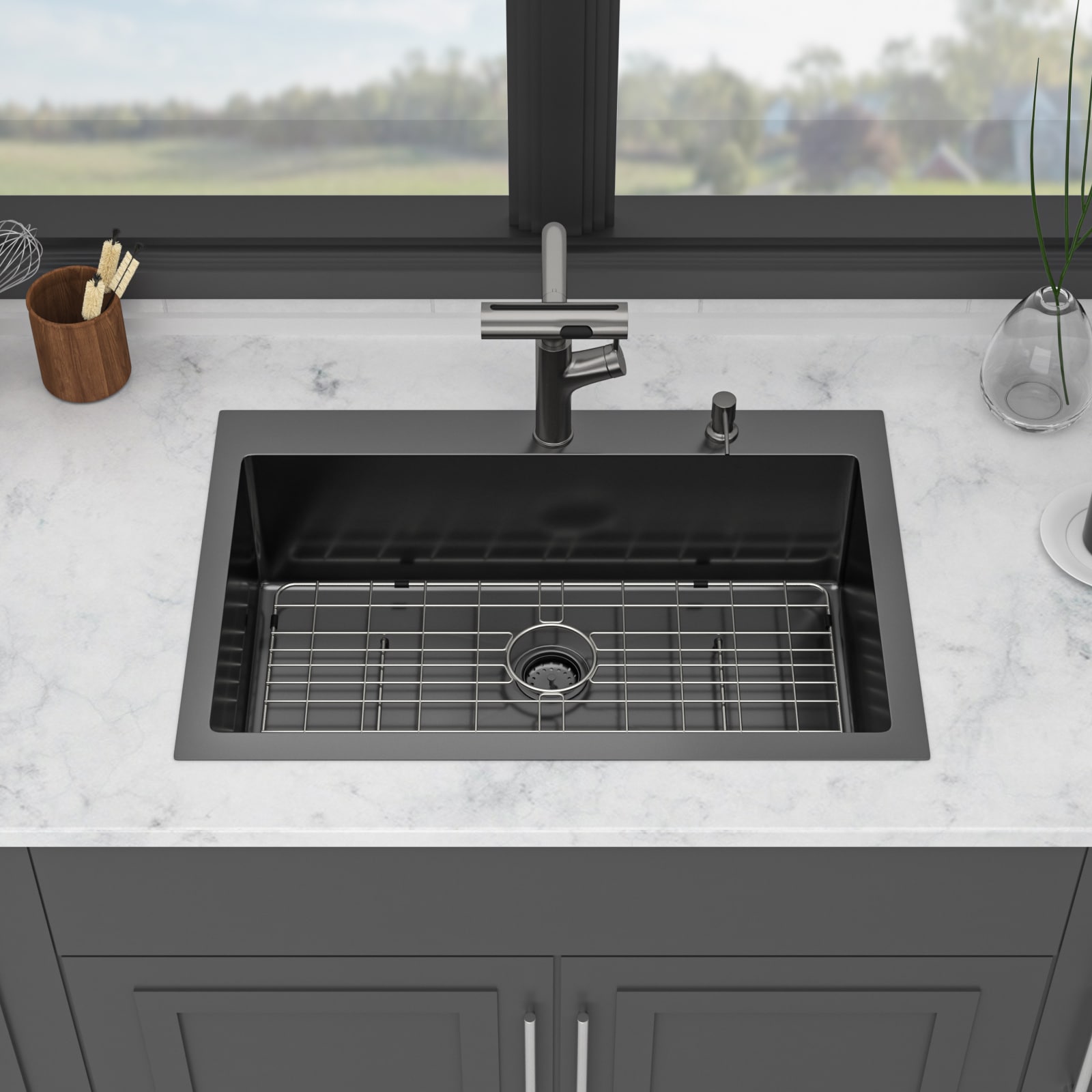 LOVMOR  30-in x 22-in Drop-in Stainless Steel Single Bowl Gunmetal Black Kitchen Sink with Faucet and Drain