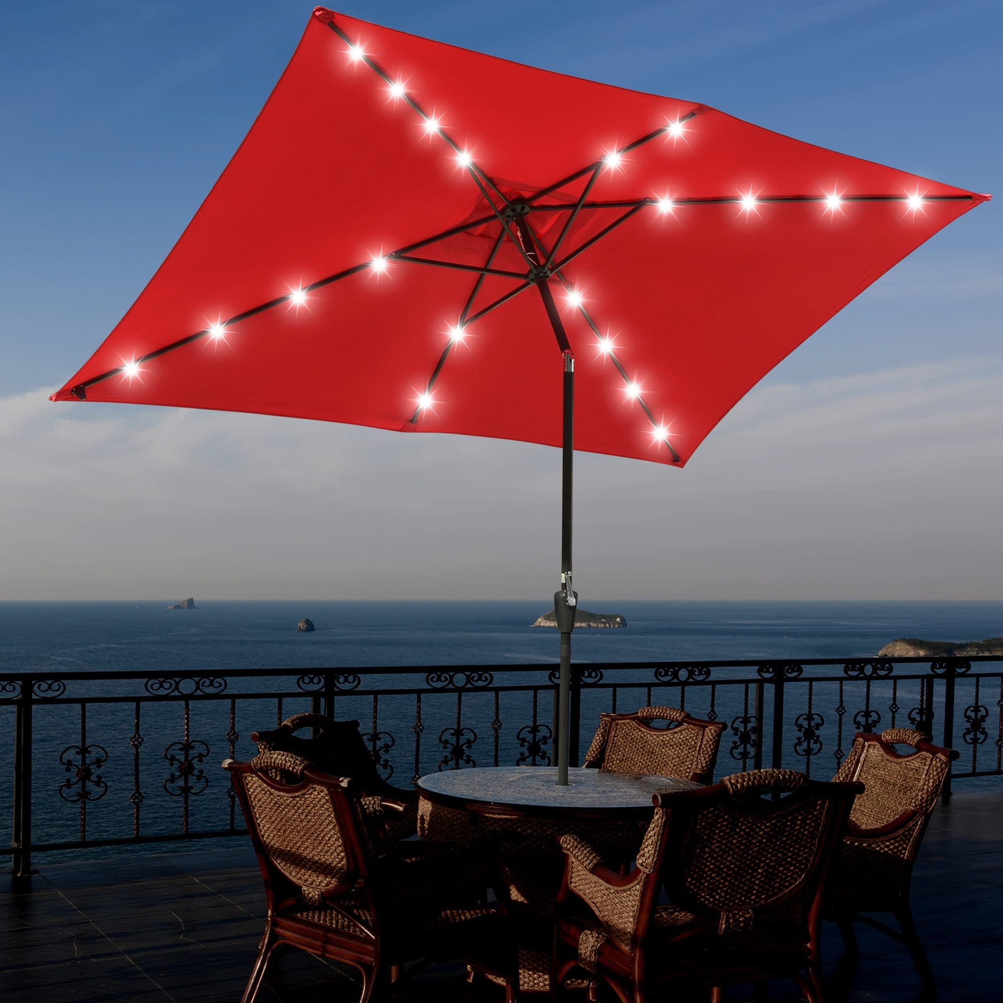 Yescom 07UMB011-10X6L-02-LO 10x6.5FT Rectangle Outdoor Solar LED Patio Umbrella with Crank Tilt for Table Market Yard Deck Pool Party Red