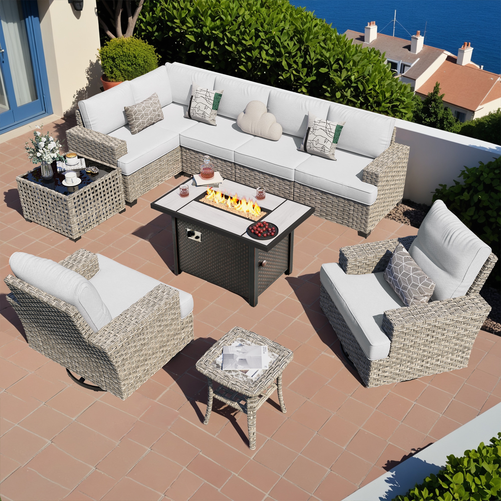 Toject 10-Piece Wicker Outdoor Patio Conversation Sofa Sectional Chairs Set with Metal Fire Pit and Light Grey Cushions