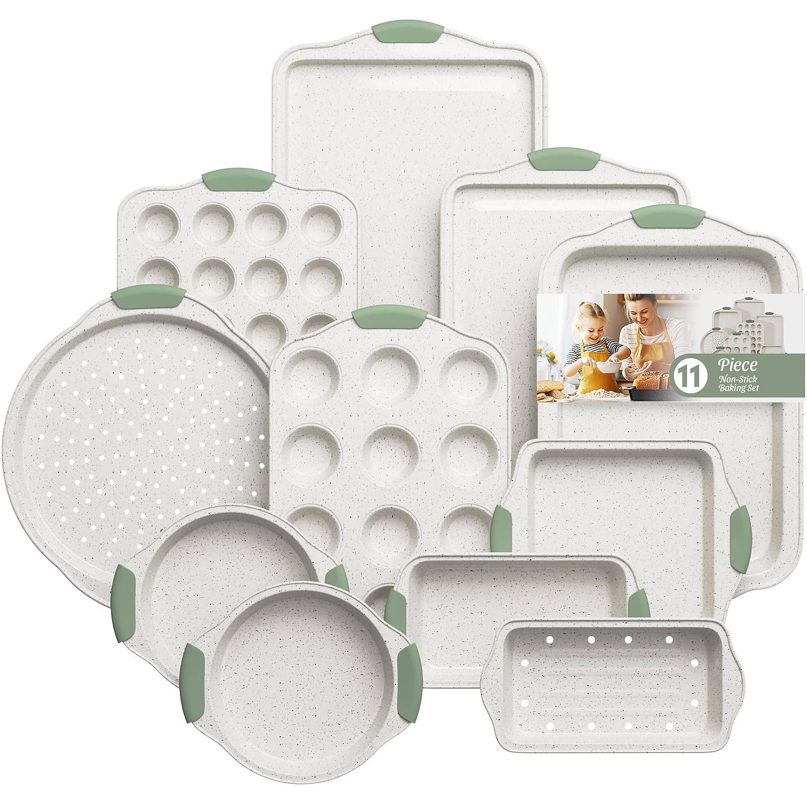 DHMHD  11 Piece Nonstick Bakeware Set Stackable Non Toxic Baking Pans with Cookie Sheet Pizza Pan Muffin Tray White and Light Green