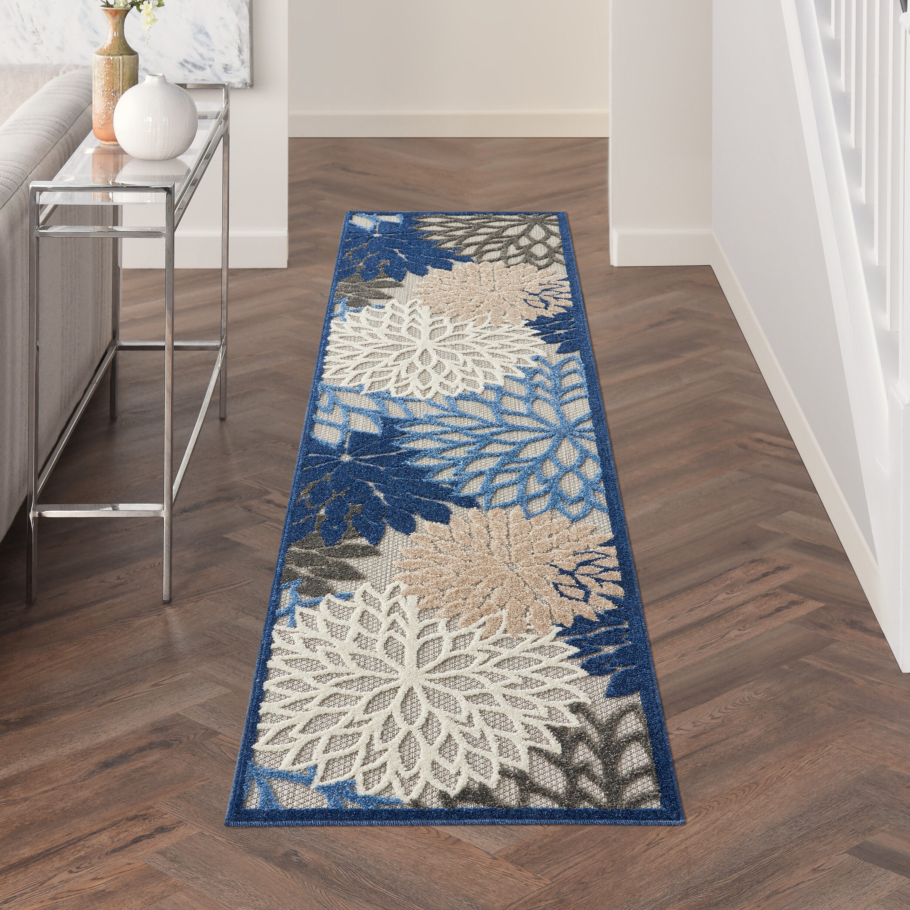 Nourison 99446765307 Aloha 2 x 12 (ft) Loomed Polypropylene Blue Rectangular Indoor/Outdoor Floral/Botanical Farmhouse/Cottage Area rug