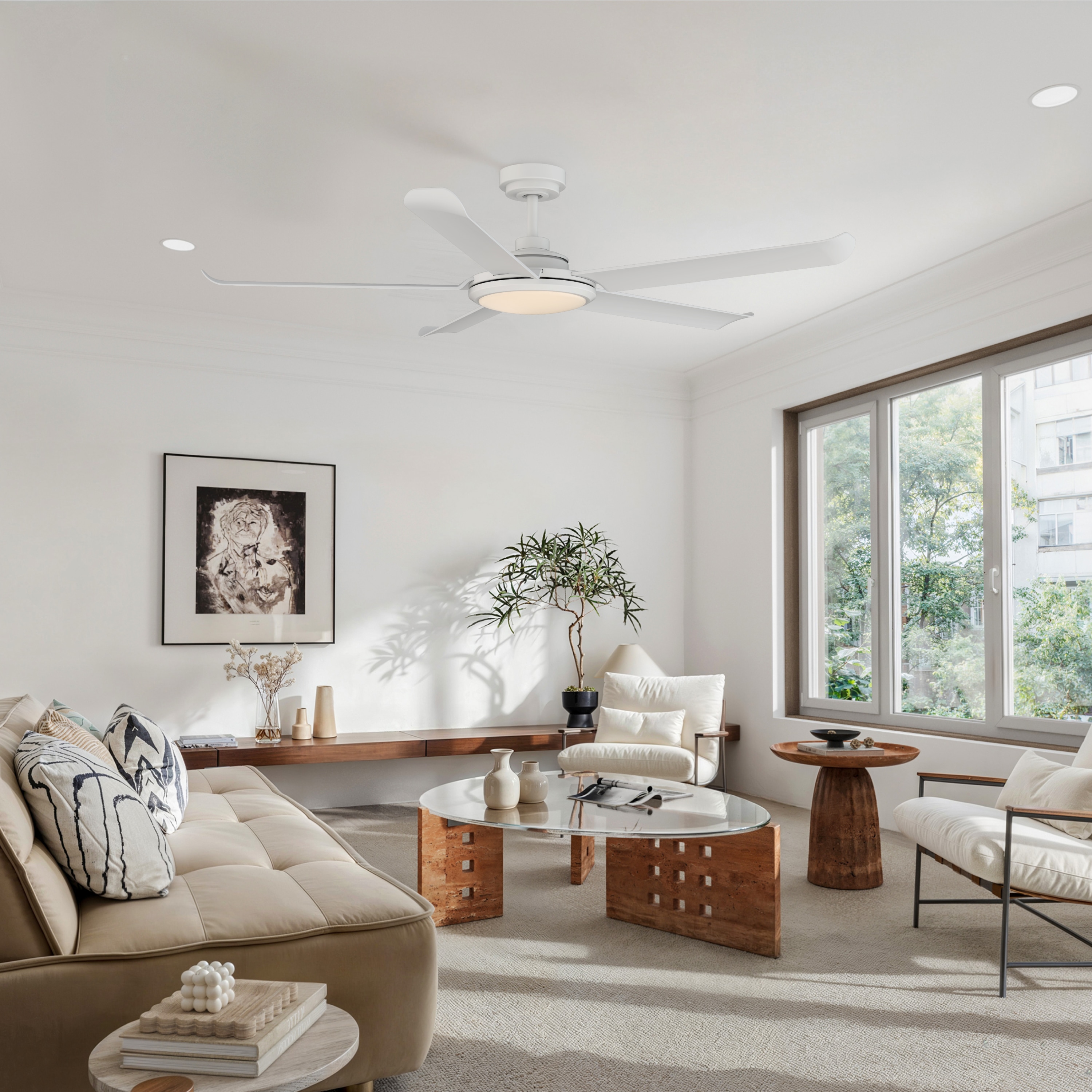 ALTITUDE 131L60MWH Arlette 60-in Color-Changing Outdoor Matte White with Matte White Blades Ceiling Fan With Light - Remote Included ( 5 -Blade )