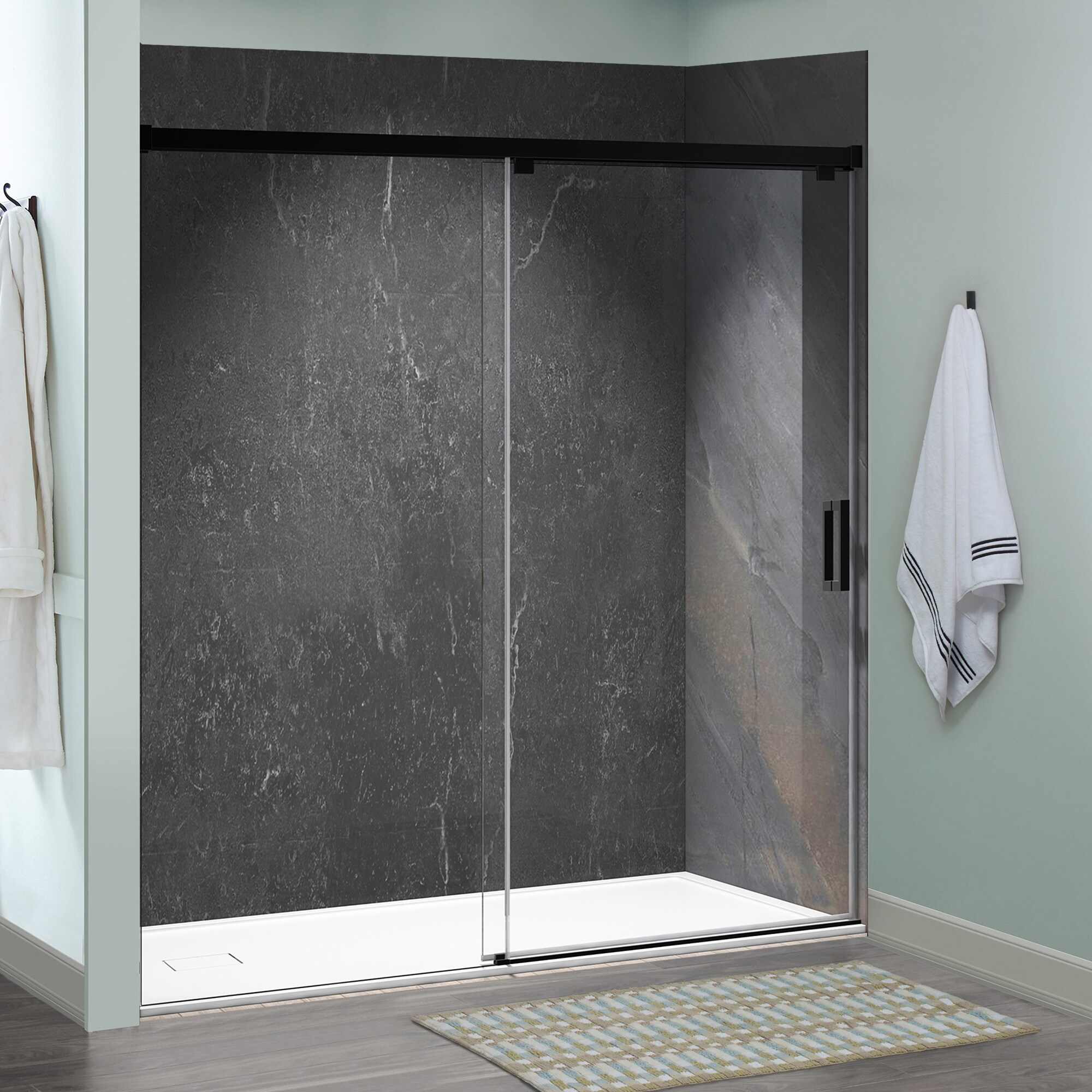 WELLFOR KE11-6076BL Matte 58-in to 60-in W x 76-Inches H Frameless Standard Sliding Soft Close Shower door 5/16-in Thick Tempered Glass