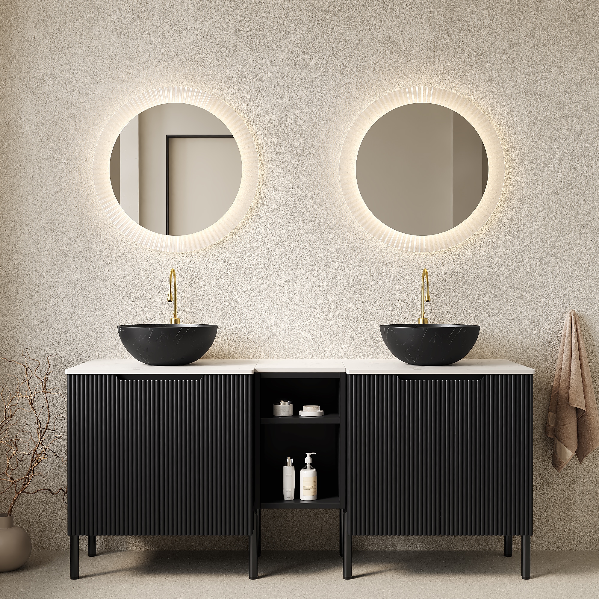 Vynxaria 60 in Black Freestanding Bathroom Vanity with Matte Black Ceramic Sink Carrara White Sintered Stone Countertop and 2 Soft Close Doors