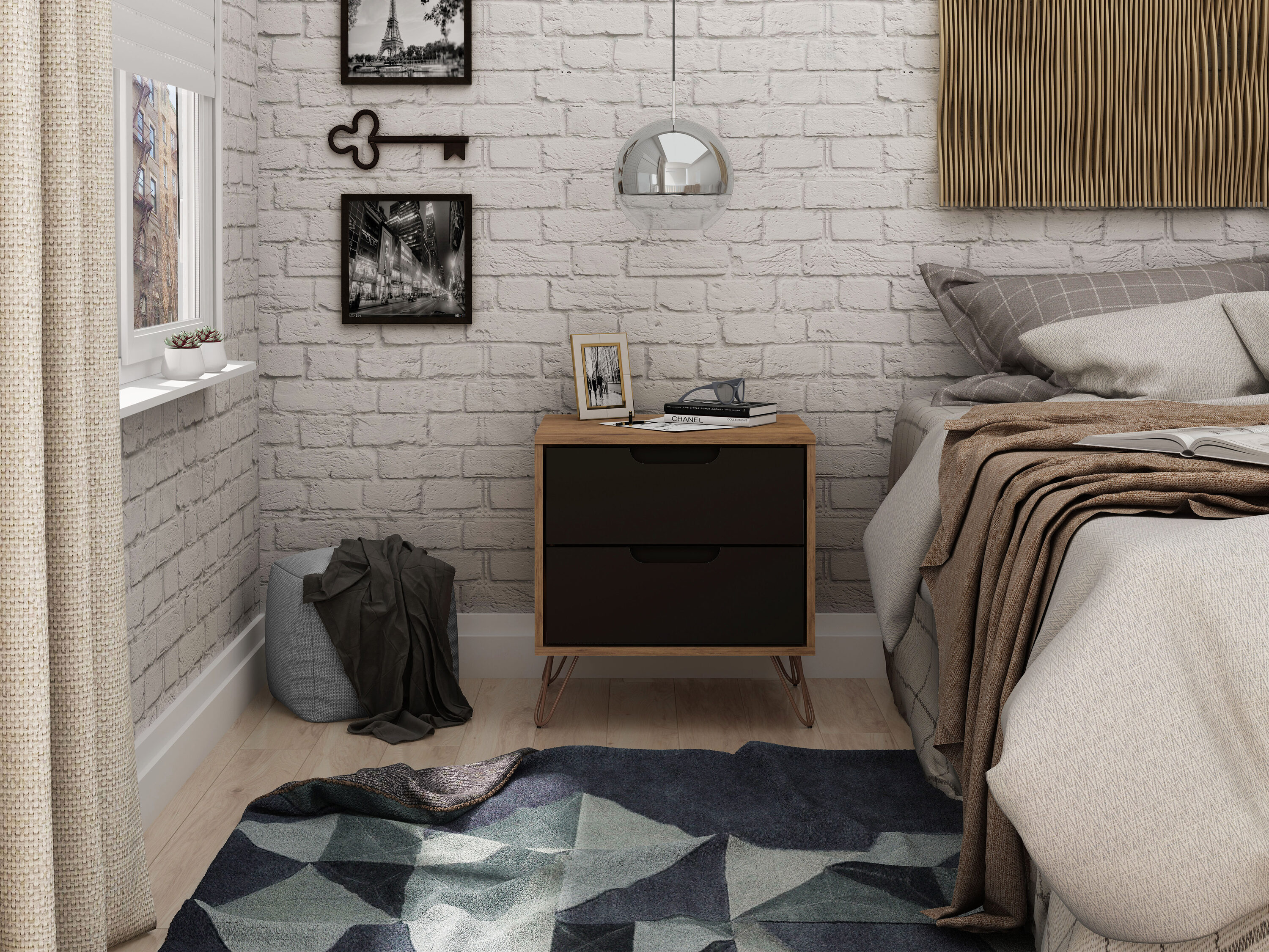 Manhattan Comfort 102GMC7 Rockefeller Nature and Textured Grey Nightstand