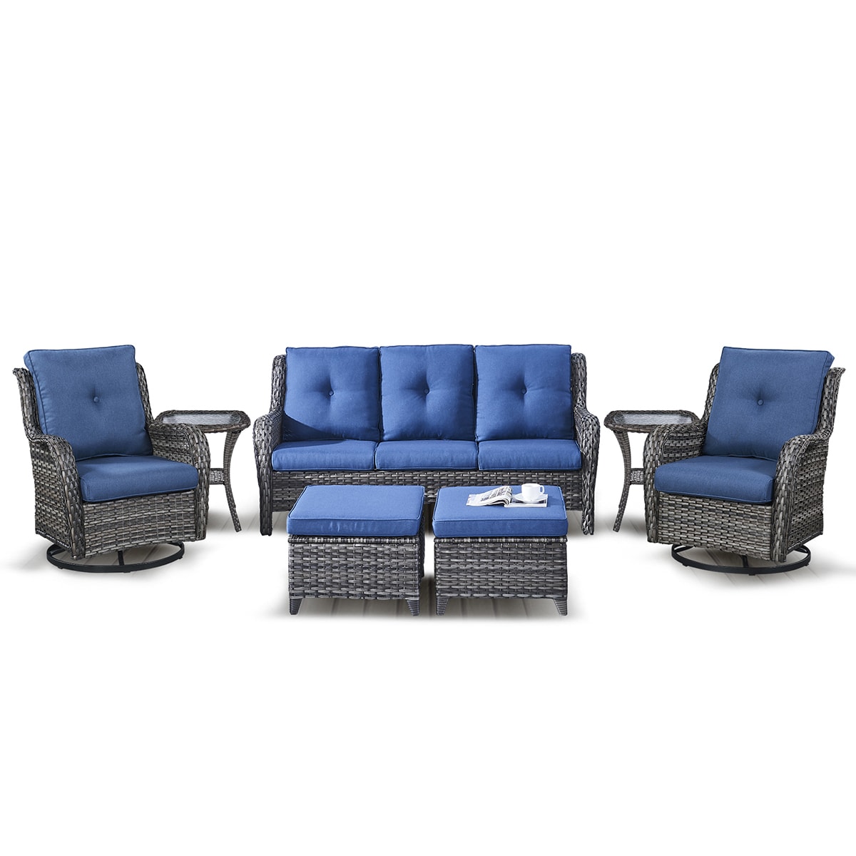 Rilyson FS015026X2024016-1 7 -Piece Wicker Patio Sofa Conversation Set with Blue Cushions