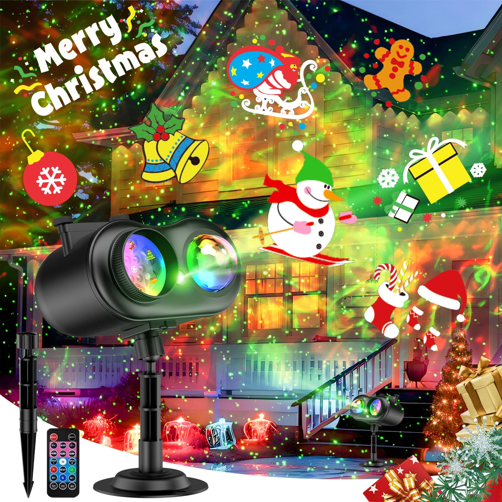 AKSCYZM  Christmas Projector Lights Outdoor Waterproof 10 Slides 8 Bright HD Patterns Firefly Ocean Wave Effects Timer Snowflake Light Projector