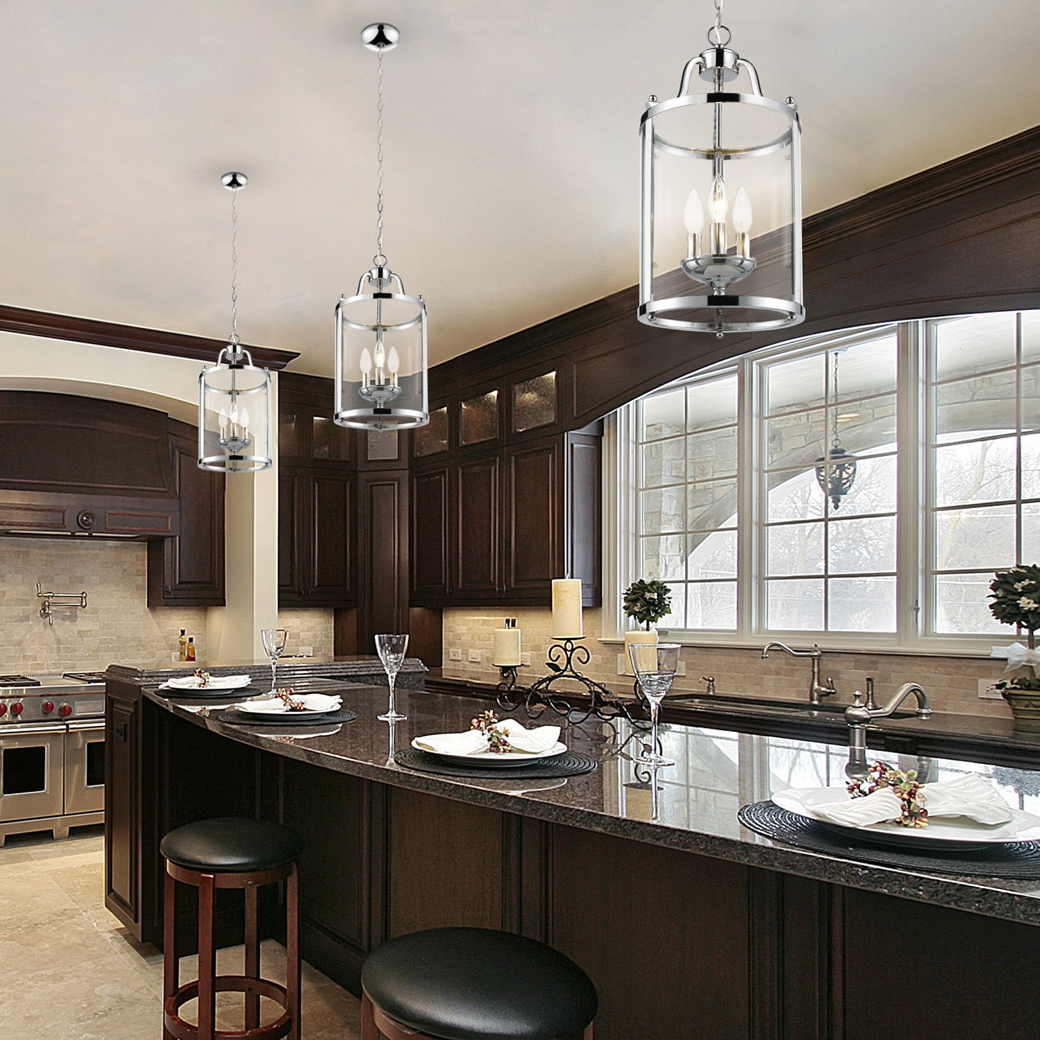 Chrome Finish 3-Light Glass Pendant Light