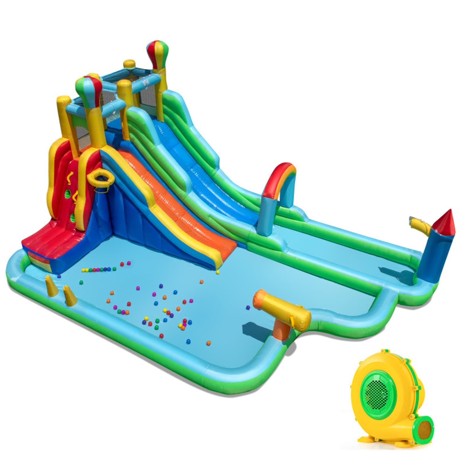 SUGIFT Inflatable Water Slide Park Bounce House with 950-W Blower Dual Slides Splash Pool Water Cannon Climbing Wall Basketball Hoop 420D Oxford Cloth 200-lb Capacity 50 Ocean Balls for Kids Backyard Summer Party Outdoor Water Play Fun Toys