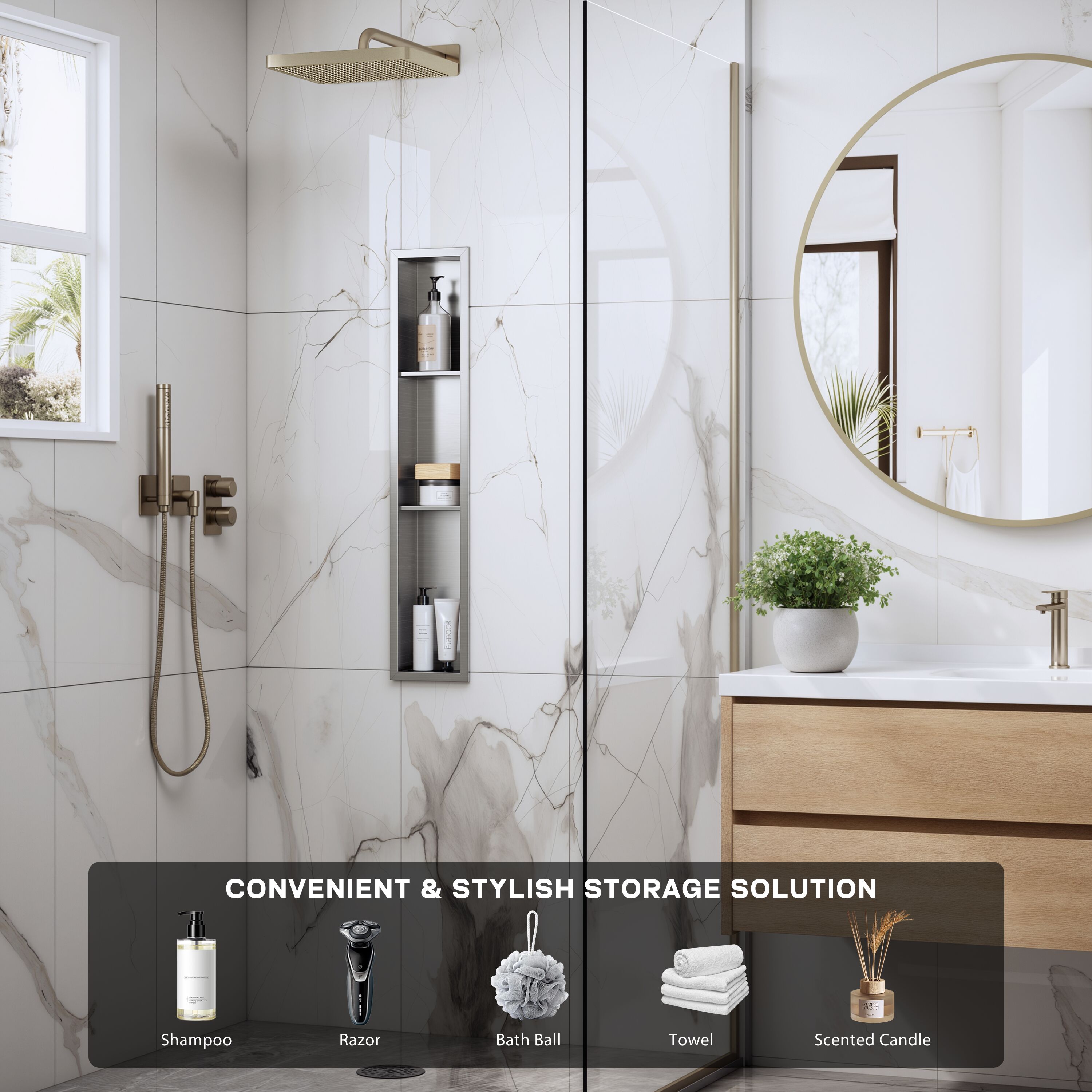 Yuaris 8 in. W x 36 in. H x 4 in. D Waterproof Recessed Shower Niche Storage Shelf in Brushed Nickel #LSSN0636BS2