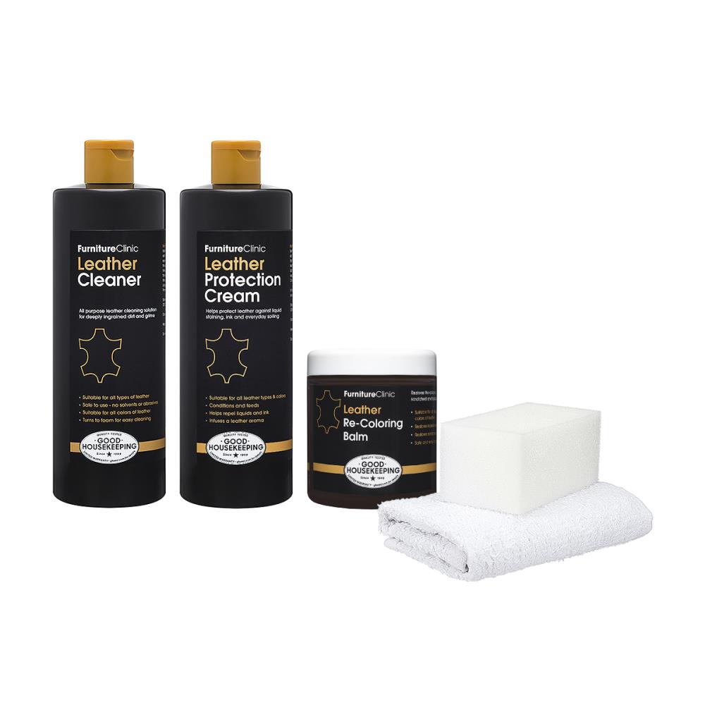 Furniture Clinic Leather Care Kit | with 17oz Protection Conditioner, 17oz Cleaner, Sponge & Cloth, Size: 34 fl oz., Clear