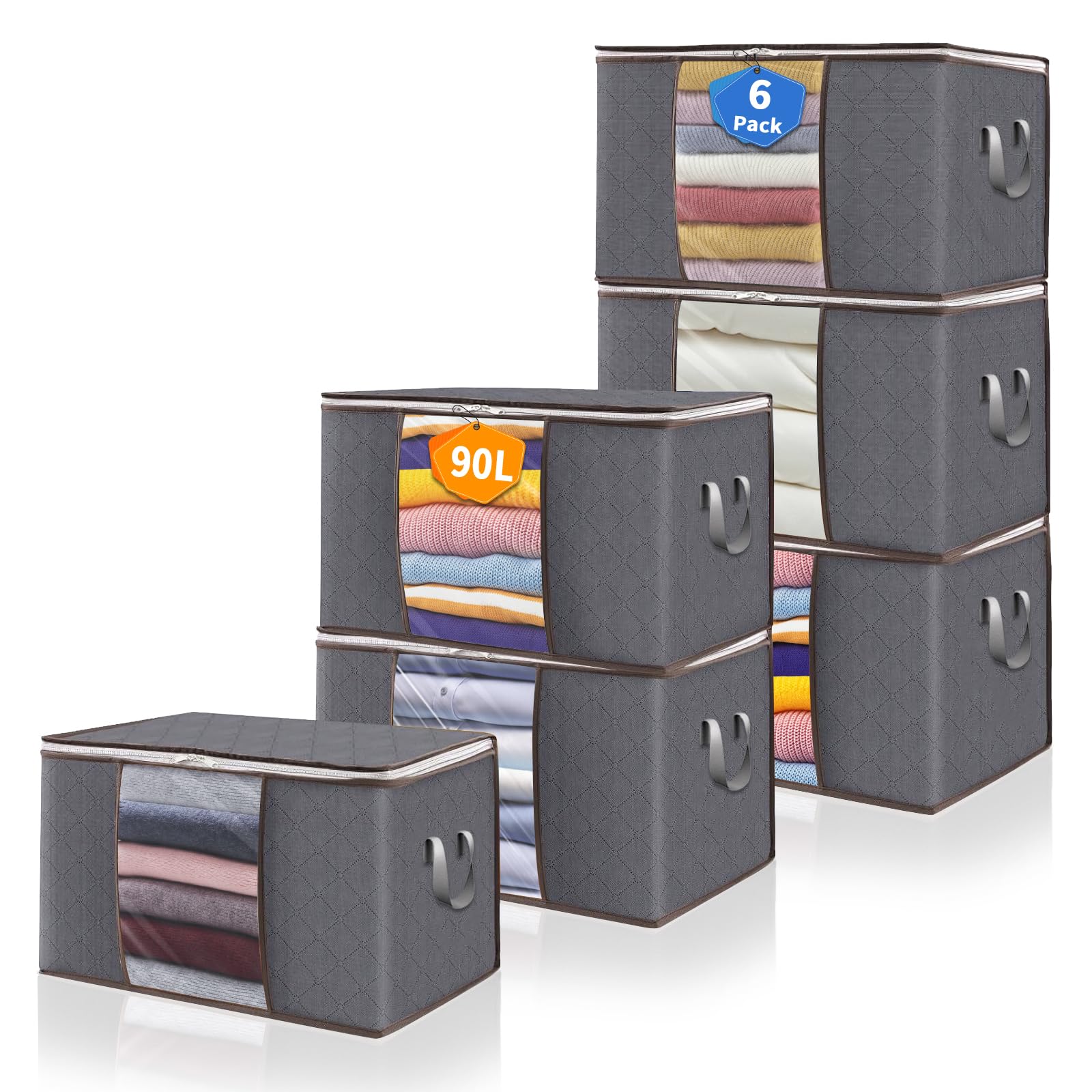 Justincity  90L Clothes Blanket Storage Bags 6 Pack Foldable Closet Organizer with Lids and Reinforced Handles for Clothing Blankets Pillows and